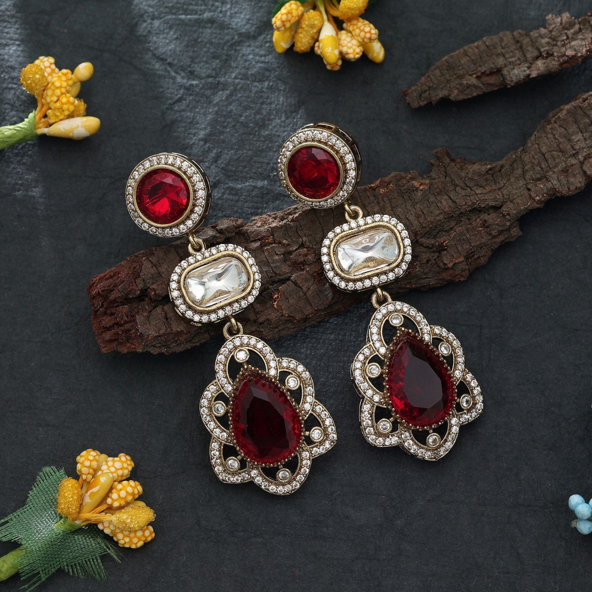 Red Color American Diamond Earrings Party Wear