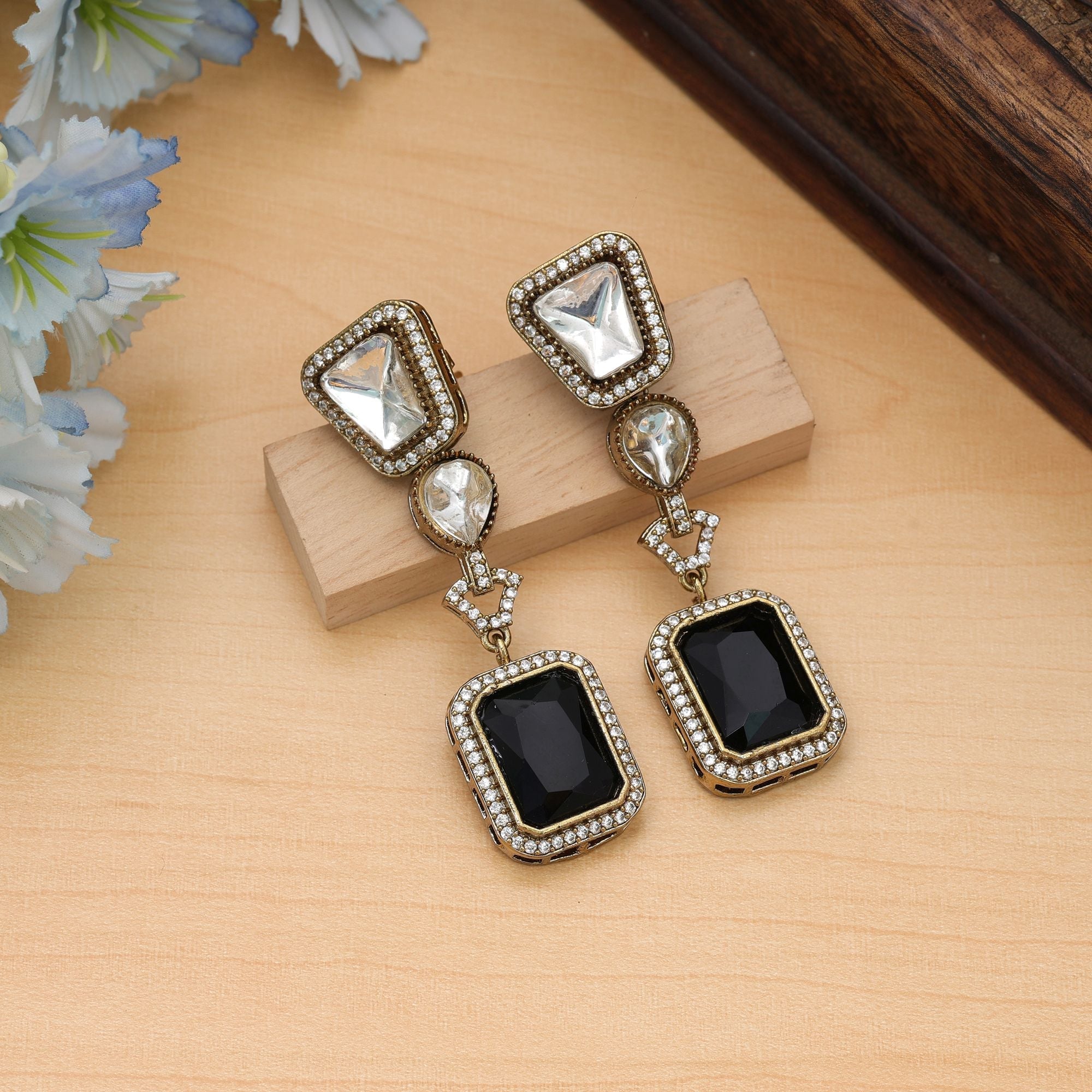 Black Color American Diamond Earrings Party Wear