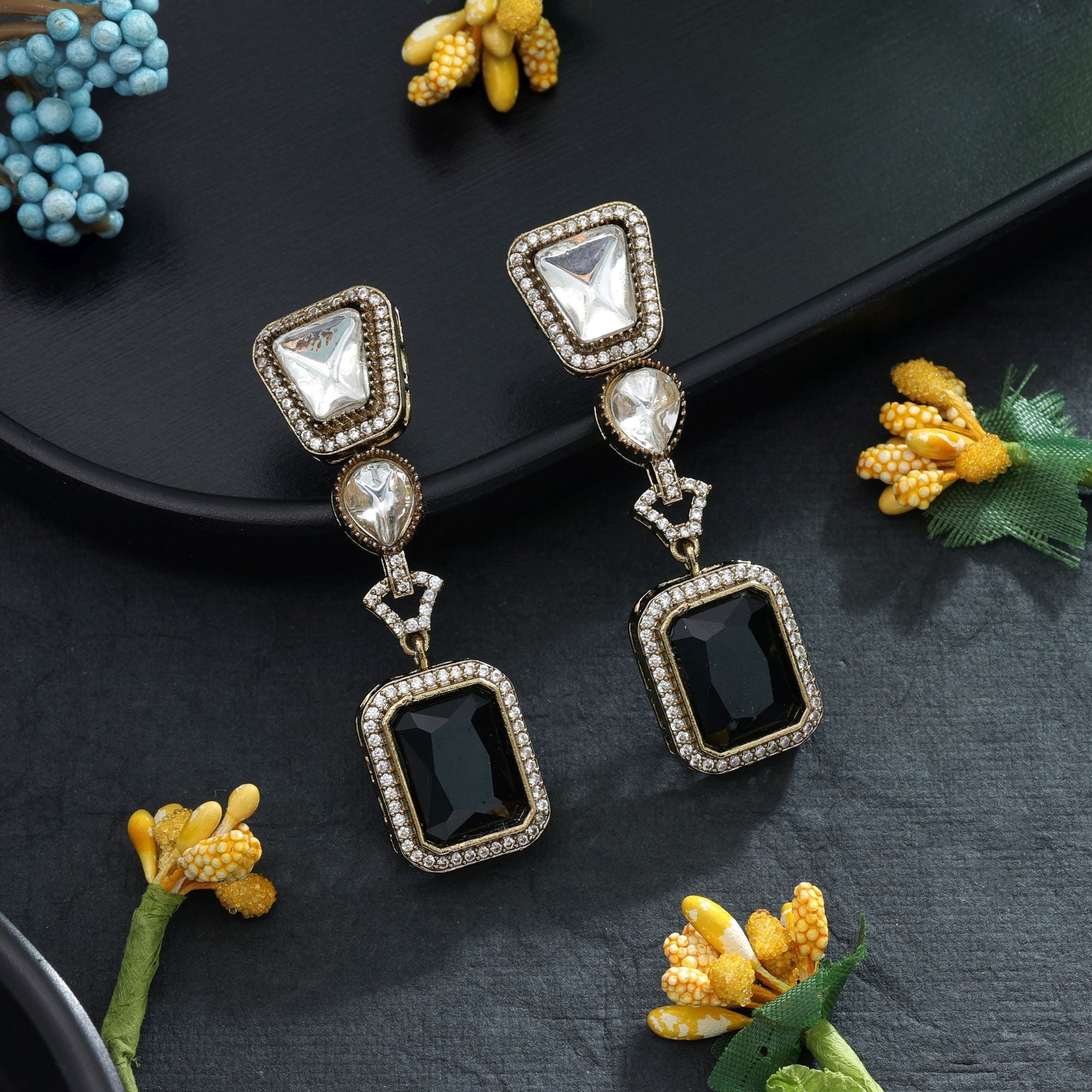 Black Color American Diamond Earrings Party Wear