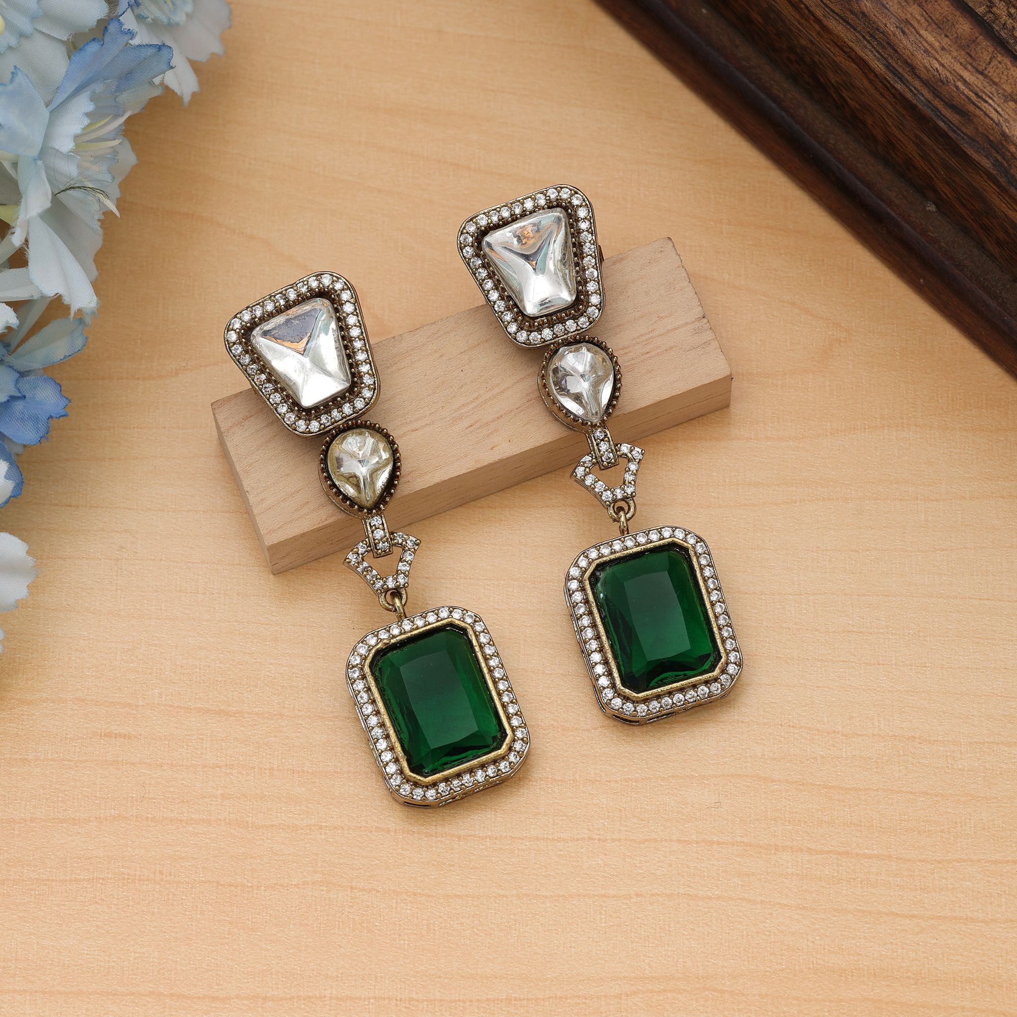 Green Color American Diamond Earrings Daily Wear