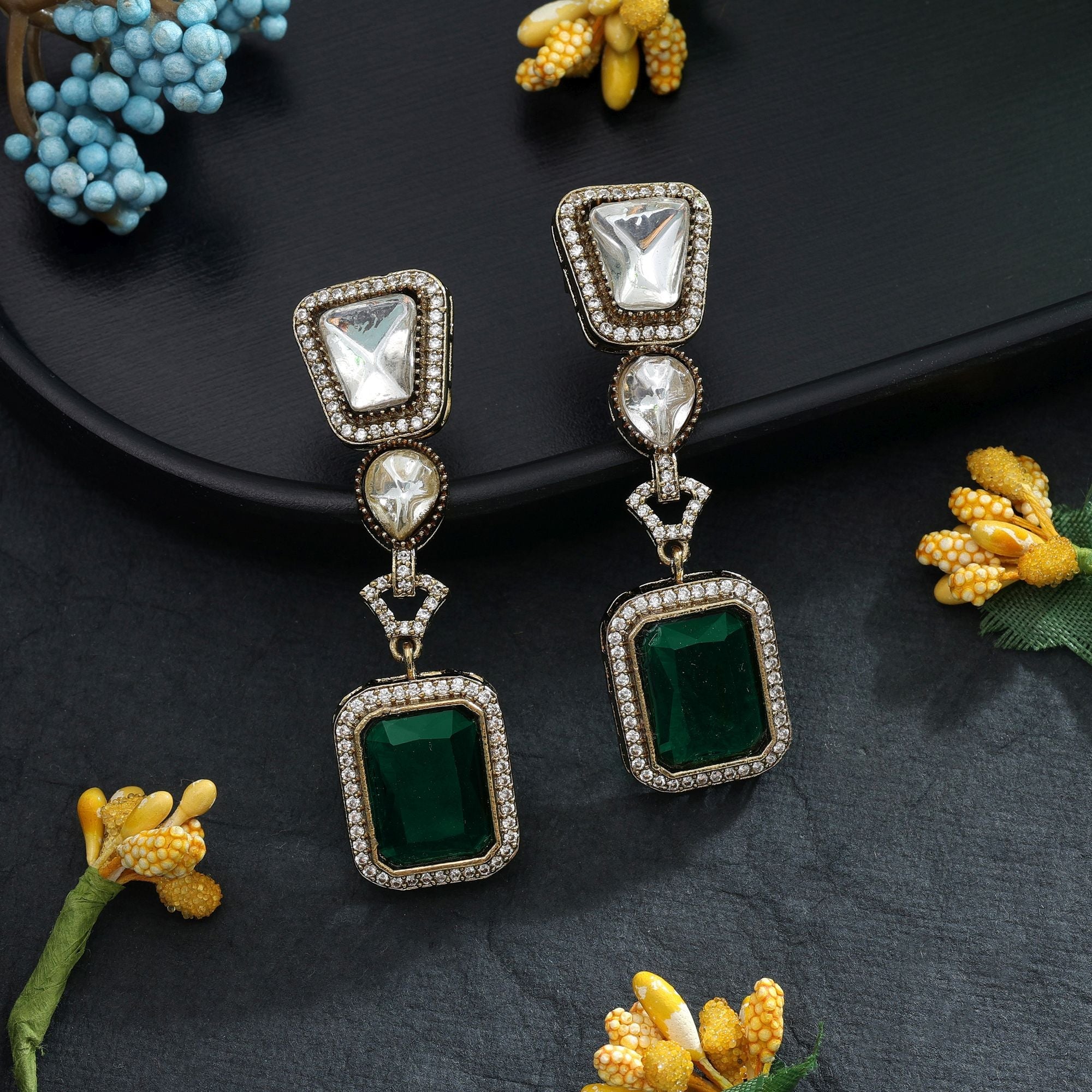 Green Color American Diamond Earrings Daily Wear