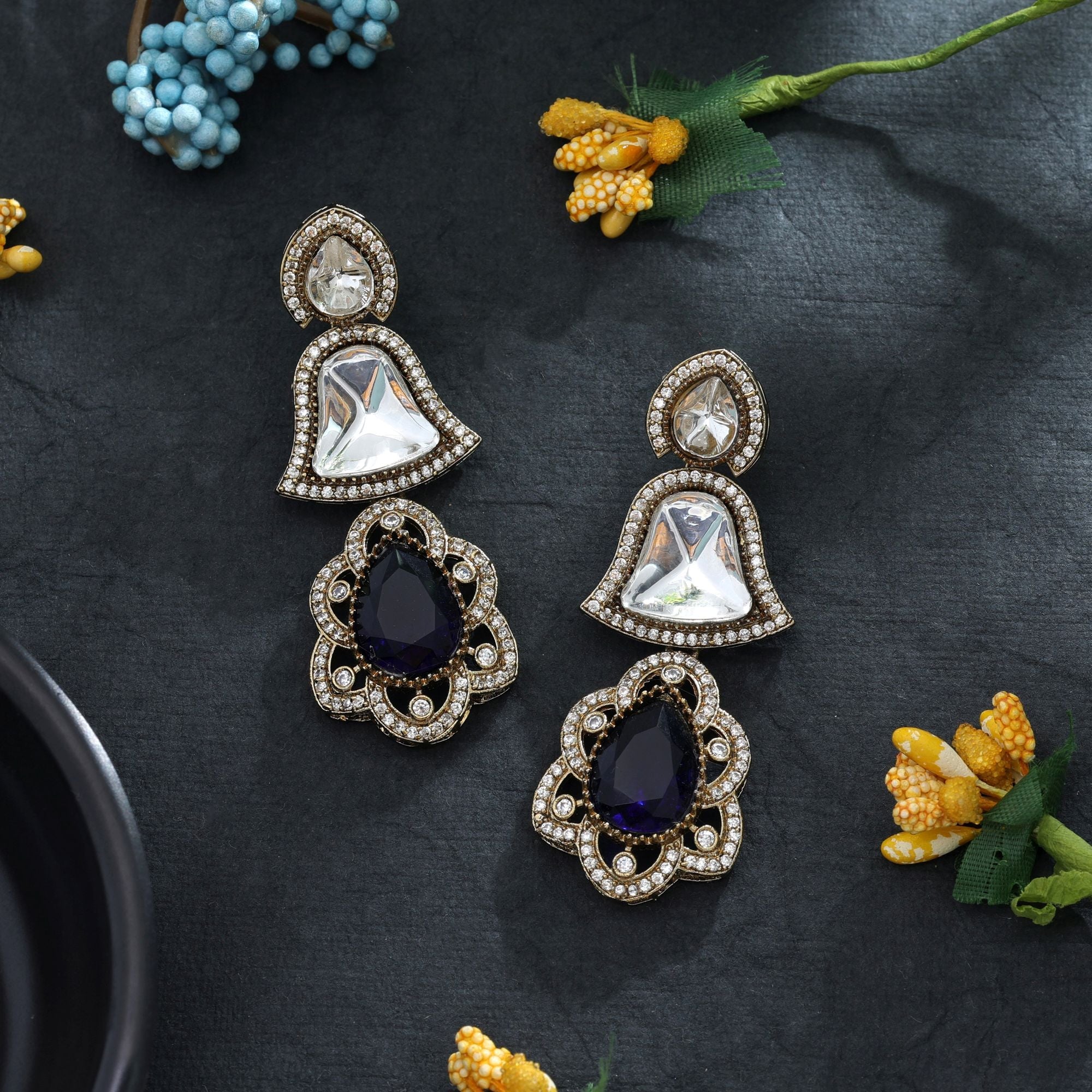 Blue Color American Diamond Earrings Festive Wear
