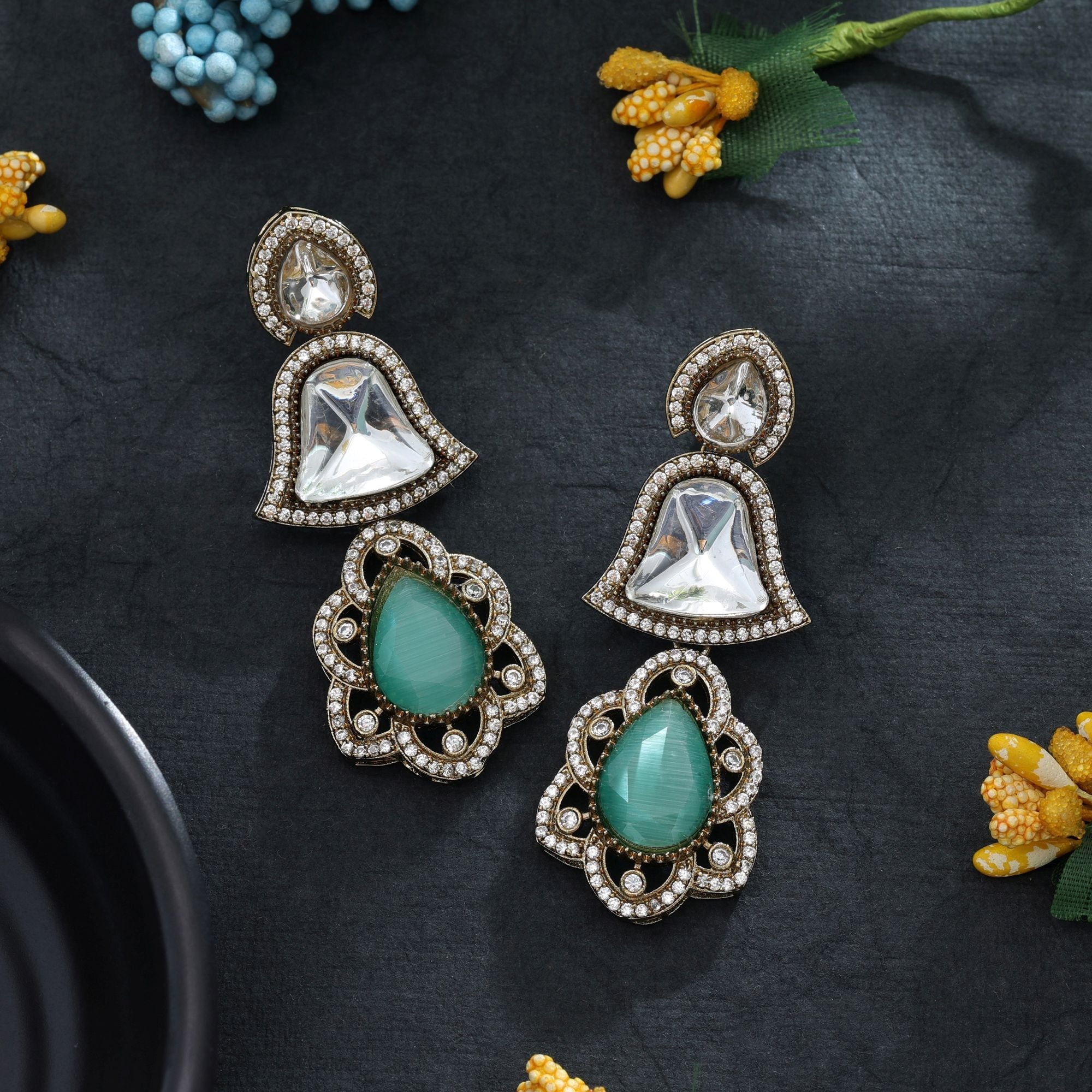 Pista Green Color American Diamond Earrings Designer Wear