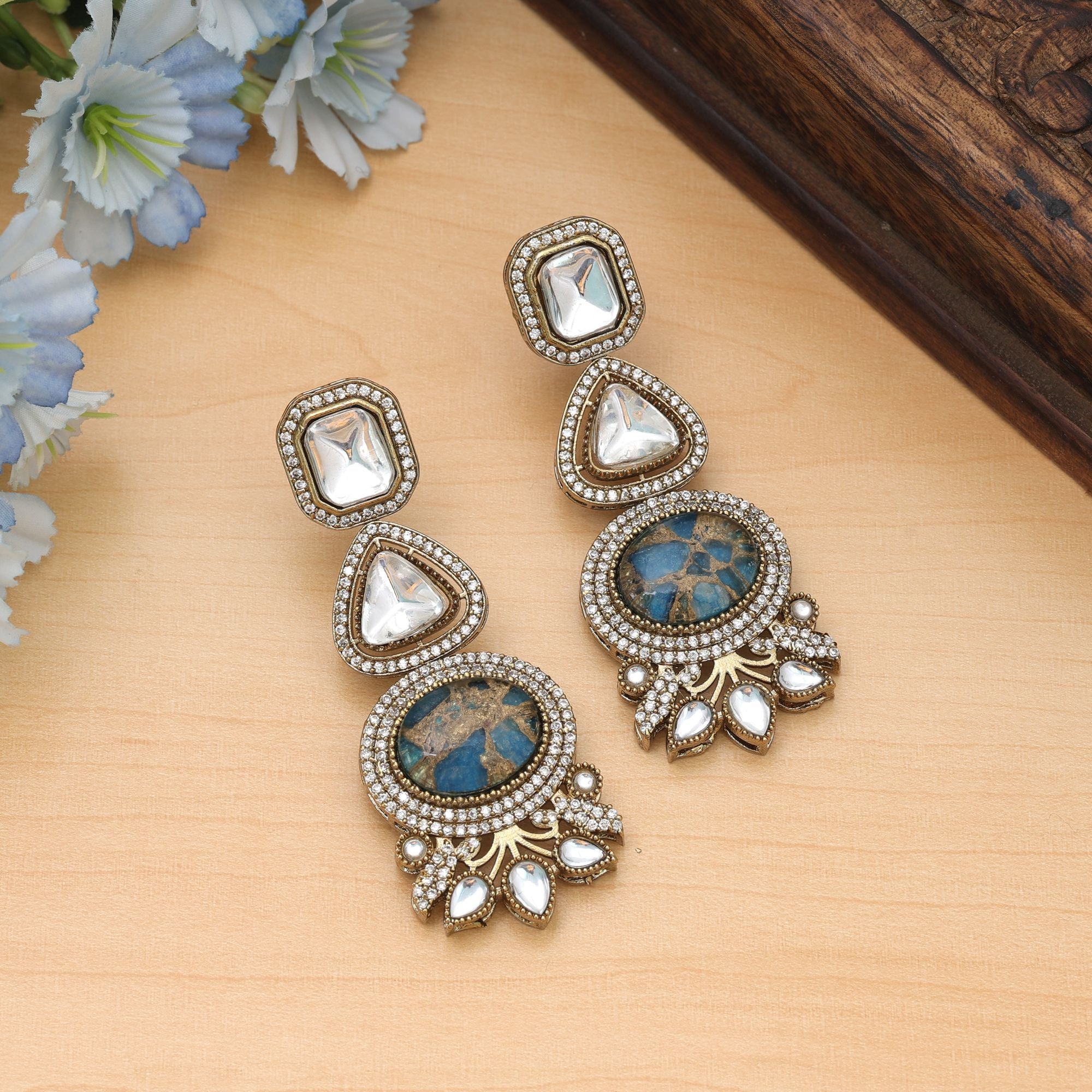 Firozi Color American Diamond Earrings Statement Wear