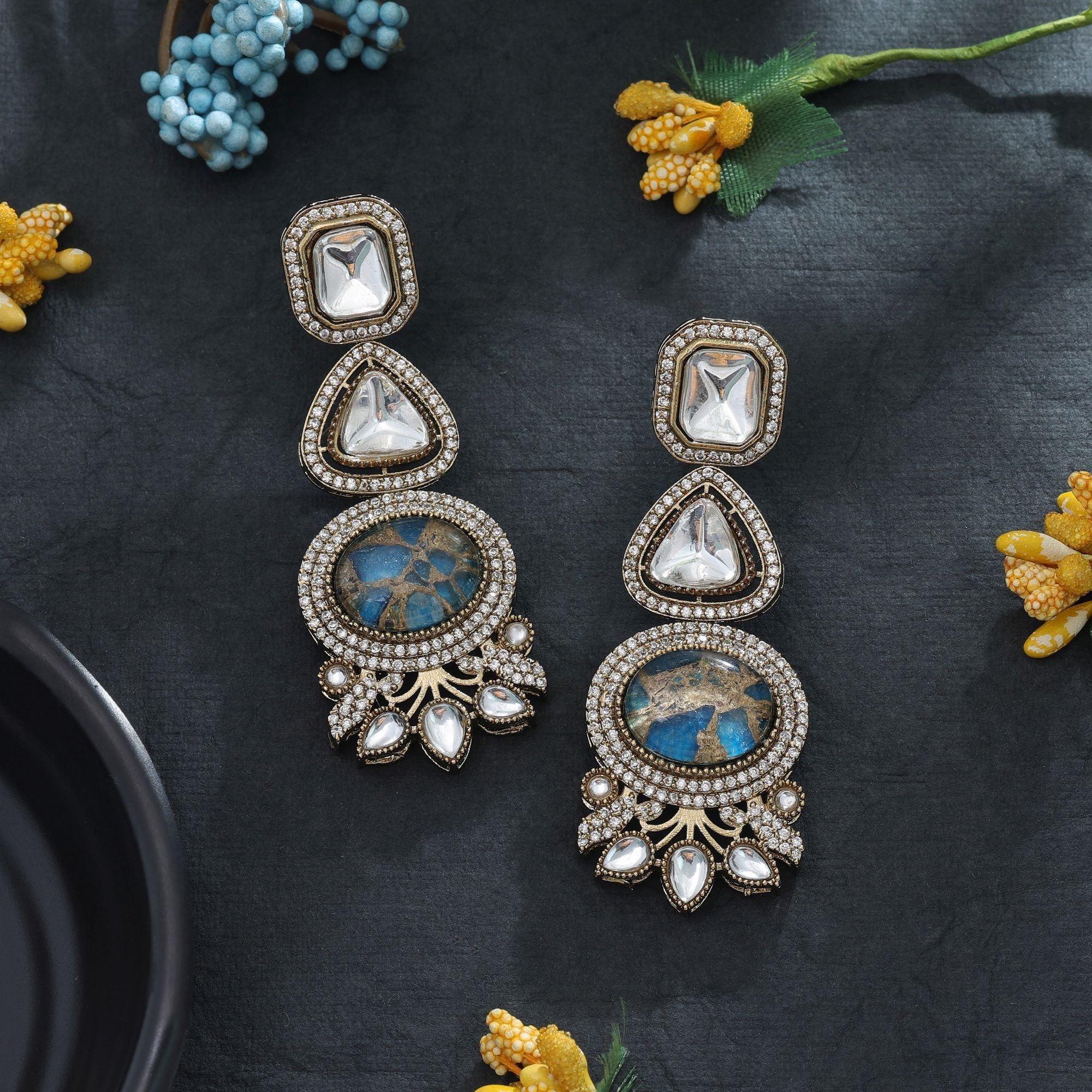 Firozi Color American Diamond Earrings Statement Wear