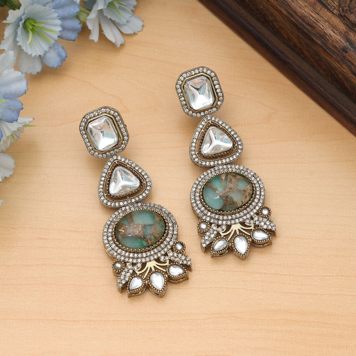 Pista Green Color American Diamond Earrings Traditional Wear
