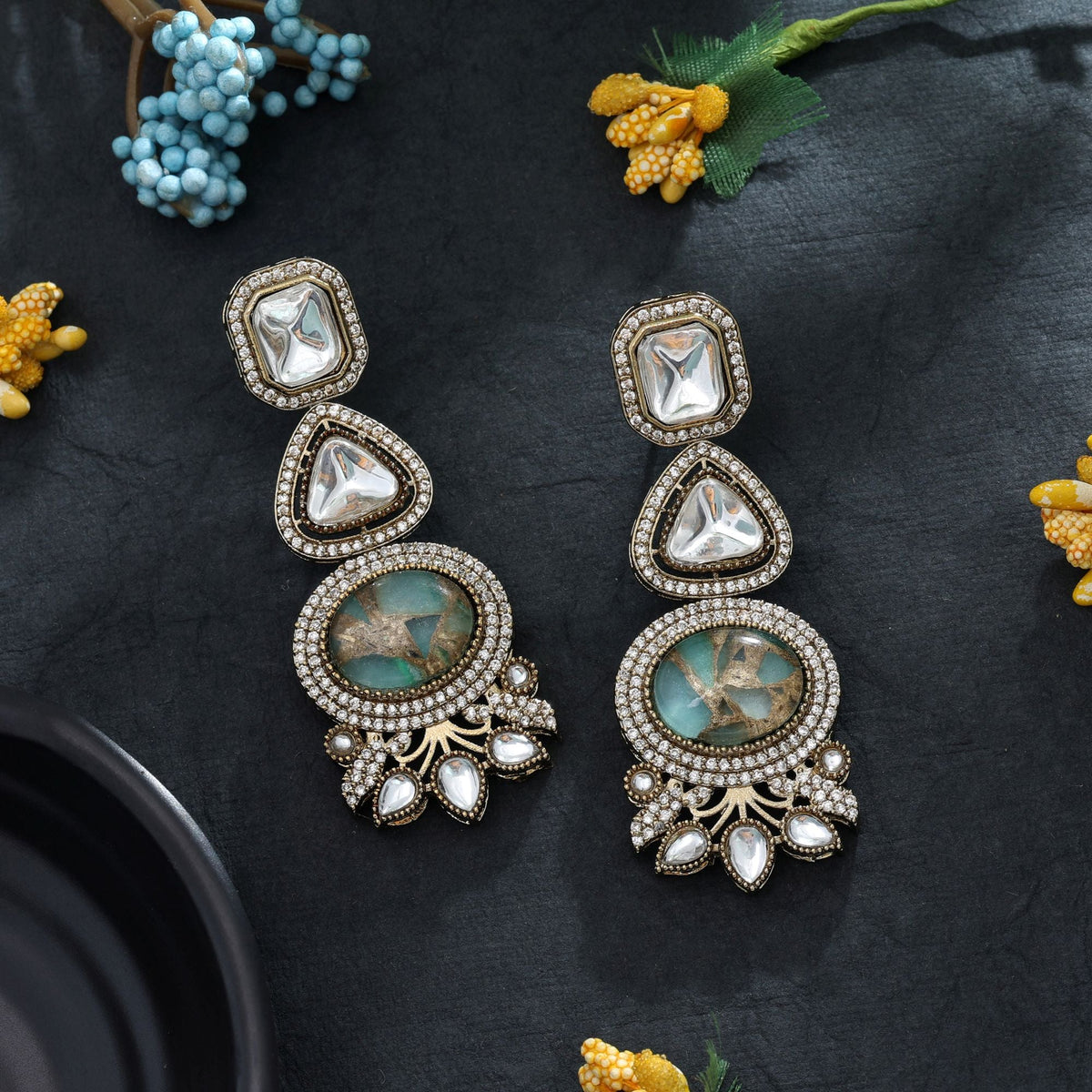 Pista Green Color American Diamond Earrings Traditional Wear