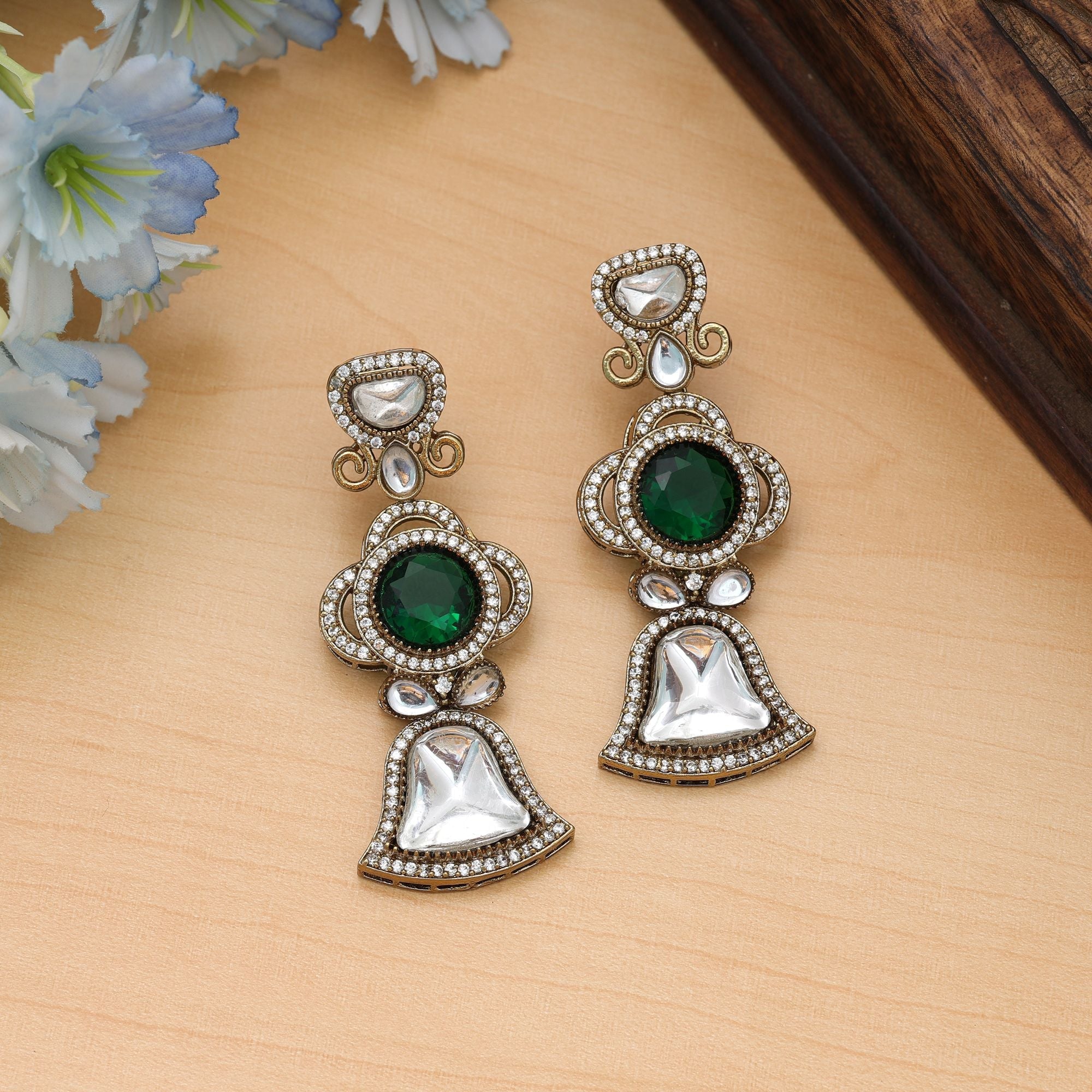 Green Color American Diamond Earrings Daily Wear