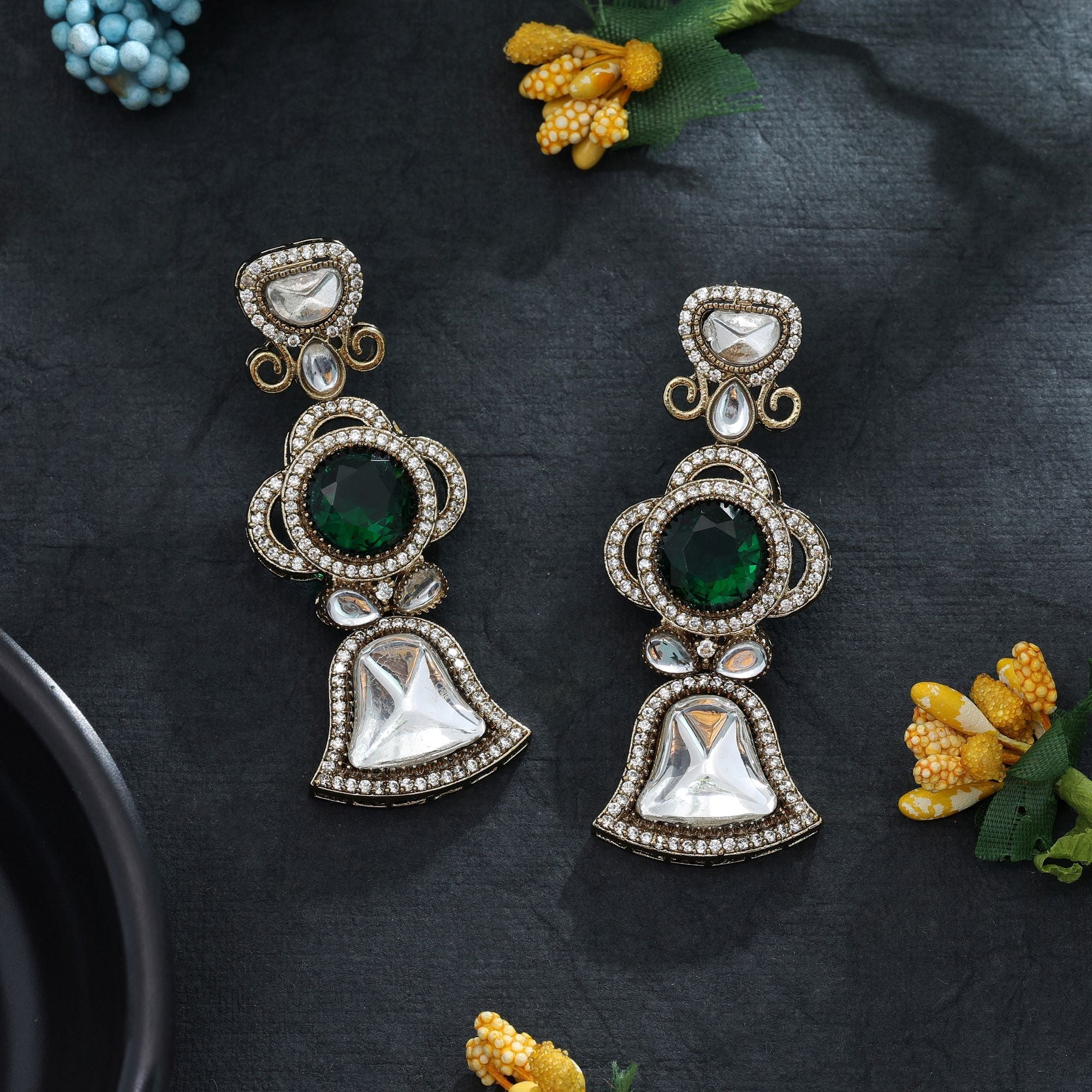 Green Color American Diamond Earrings Daily Wear
