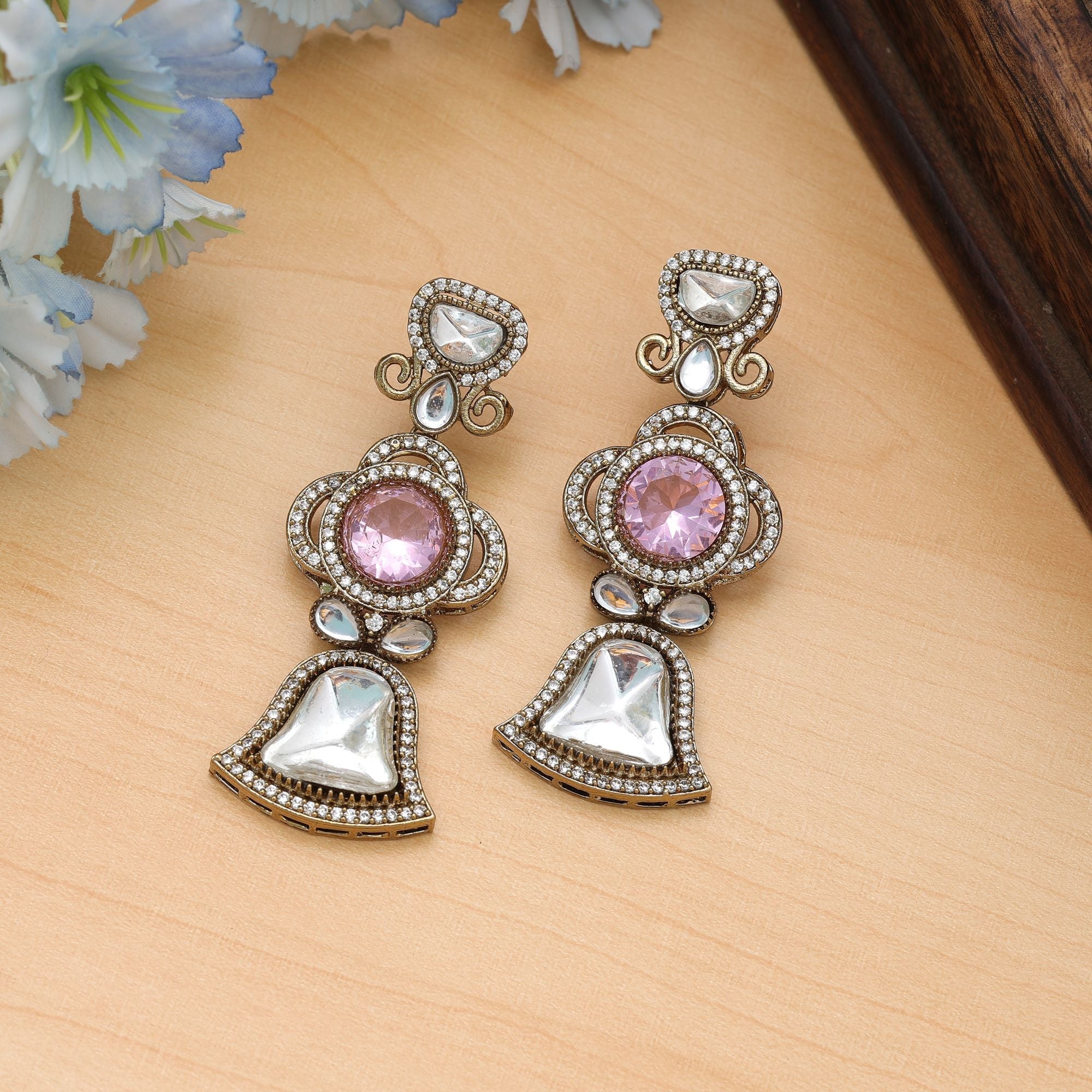 Pink Color American Diamond Earrings Party Wear