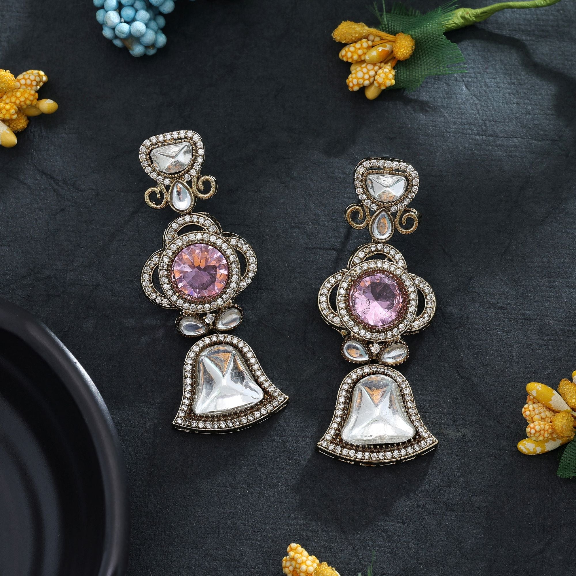 Pink Color American Diamond Earrings Party Wear