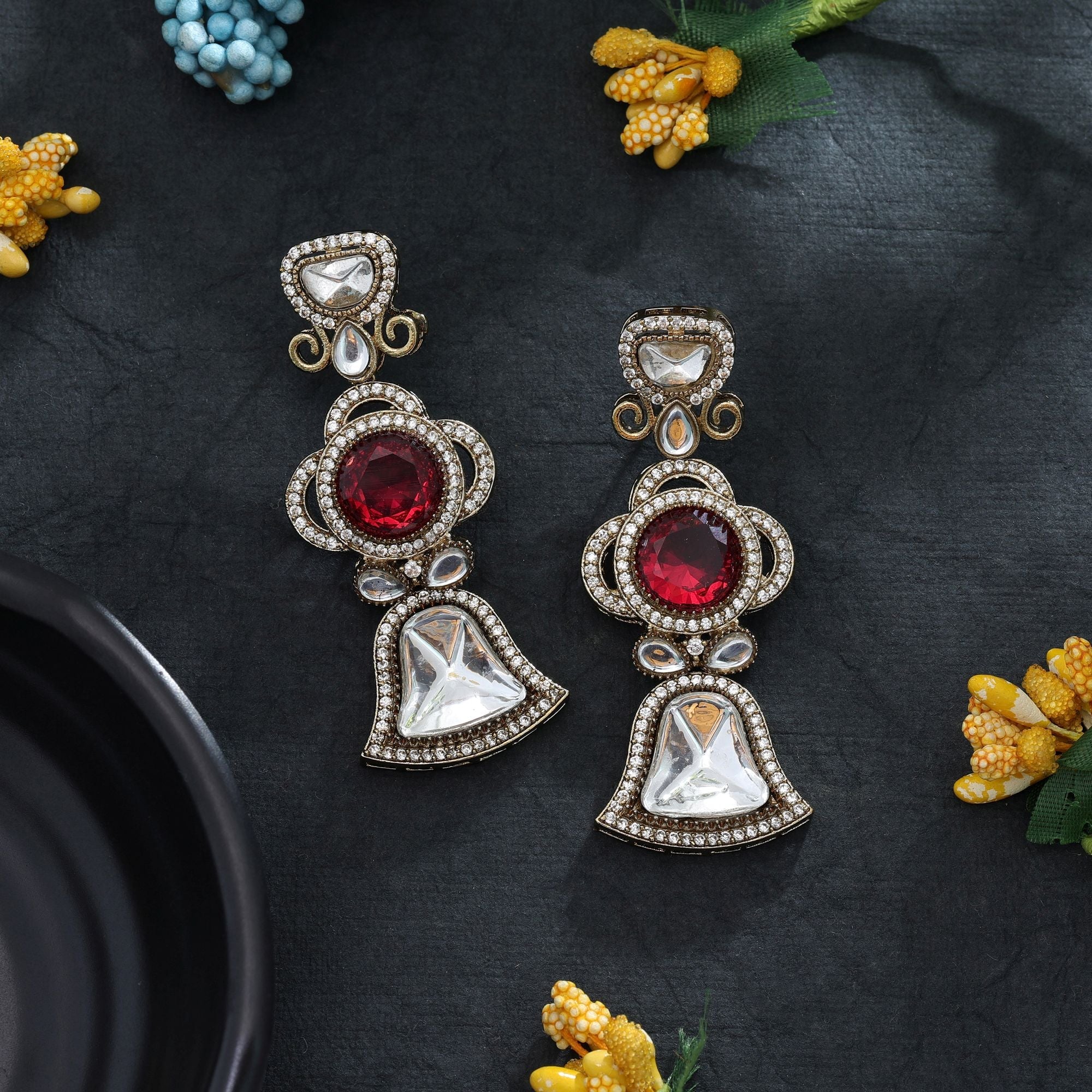 Red Color American Diamond Earrings Bridal Wear