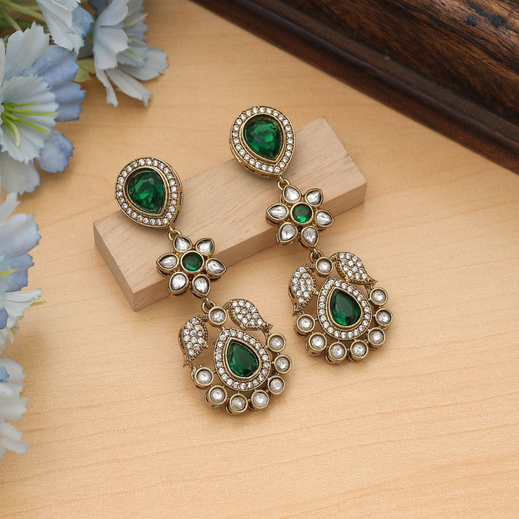 Green Color American Diamond Earrings Traditional Wear