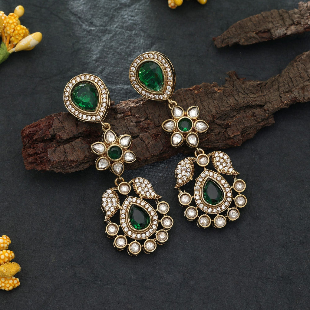 Green Color American Diamond Earrings Traditional Wear