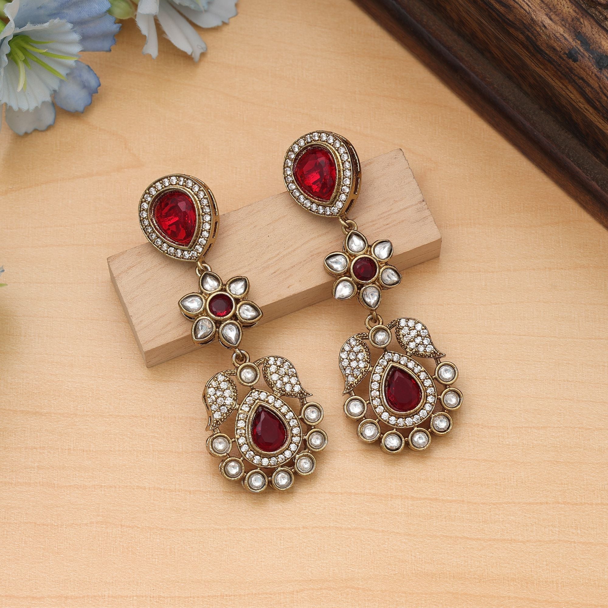 Red Color American Diamond Earrings Wedding Wear