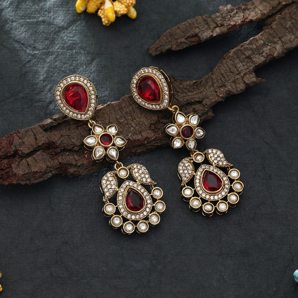 Red Color American Diamond Earrings Wedding Wear
