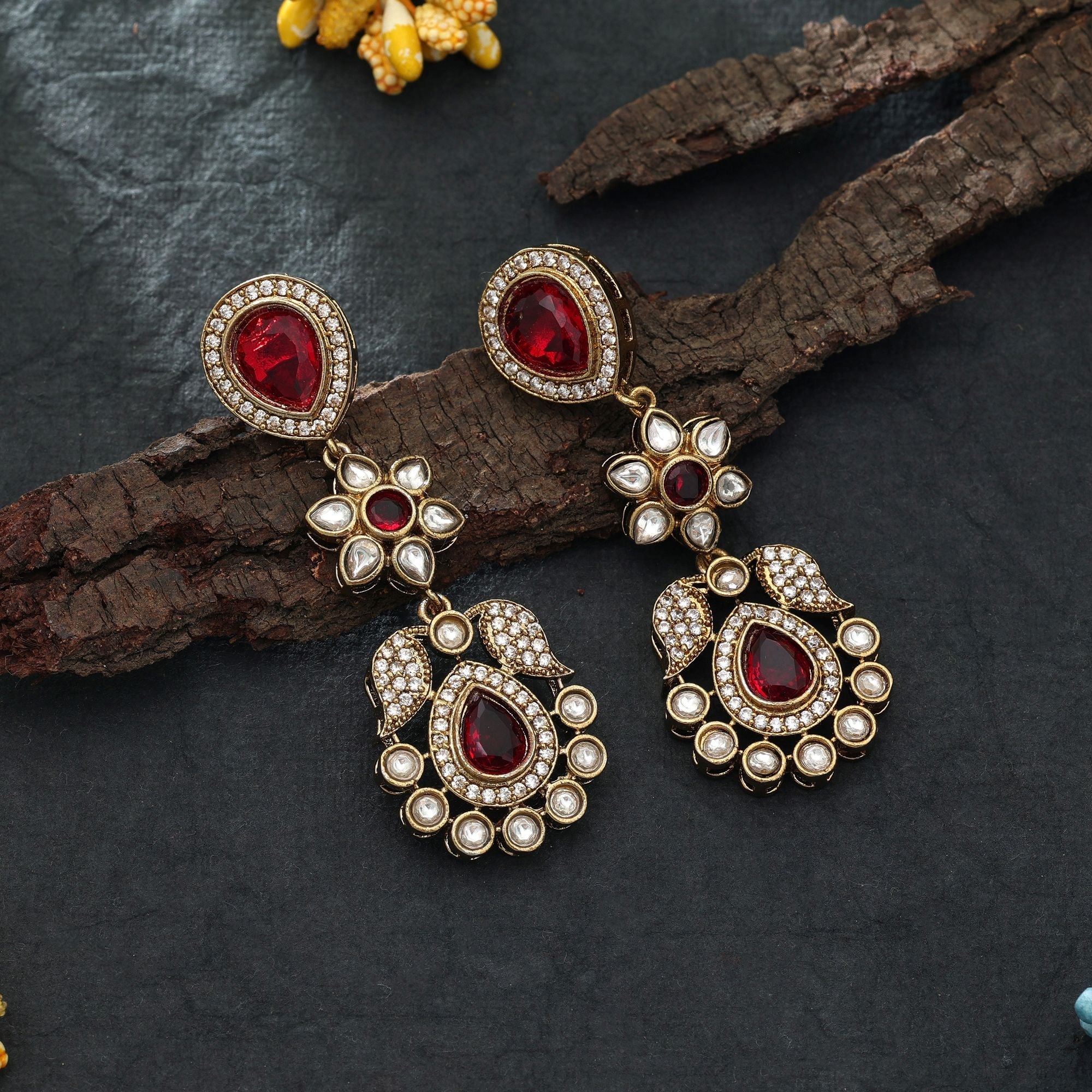 Red Color American Diamond Earrings Wedding Wear