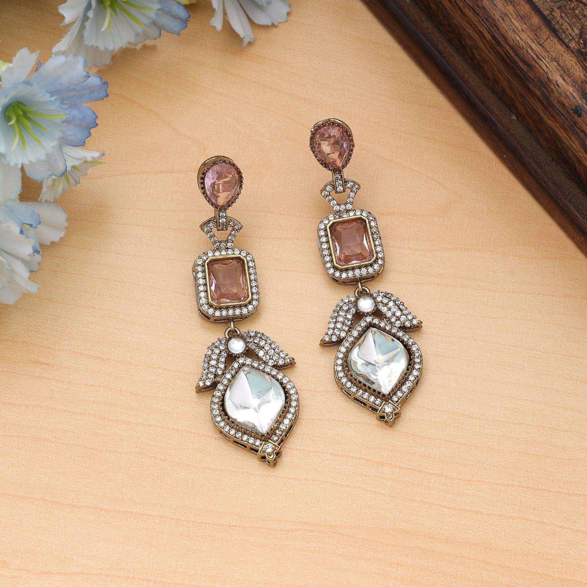 Pink Color American Diamond Earrings Designer Wear