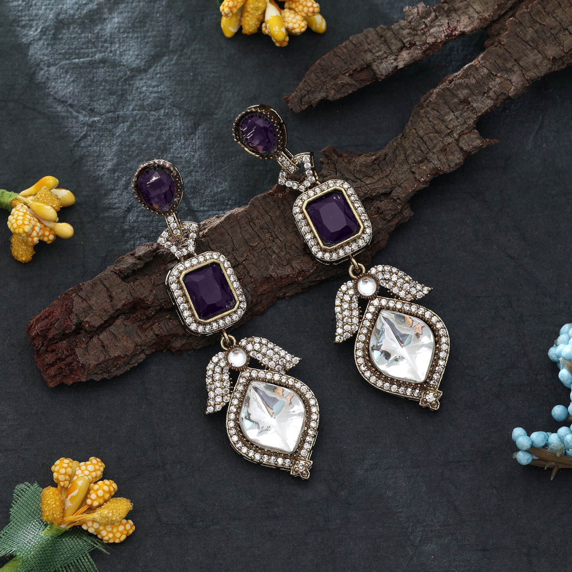 Purple Color American Diamond Earrings Ethnic Wear