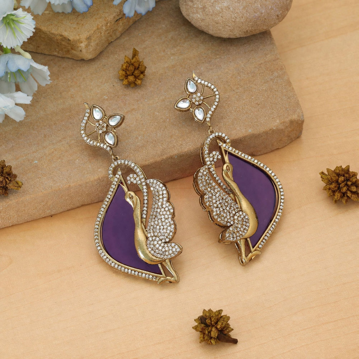 Purple Color American Diamond Earrings Traditional Wear