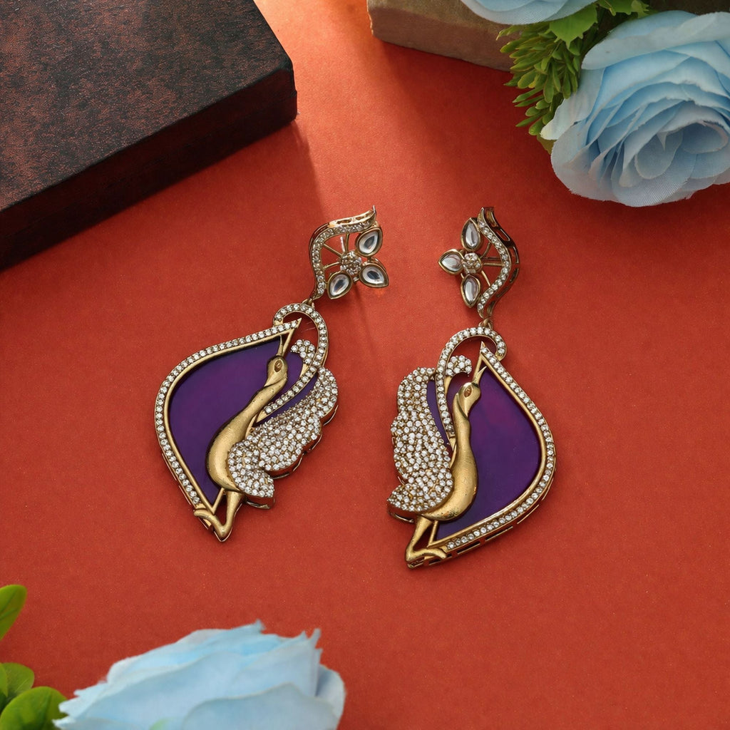 Purple Color American Diamond Earrings Traditional Wear