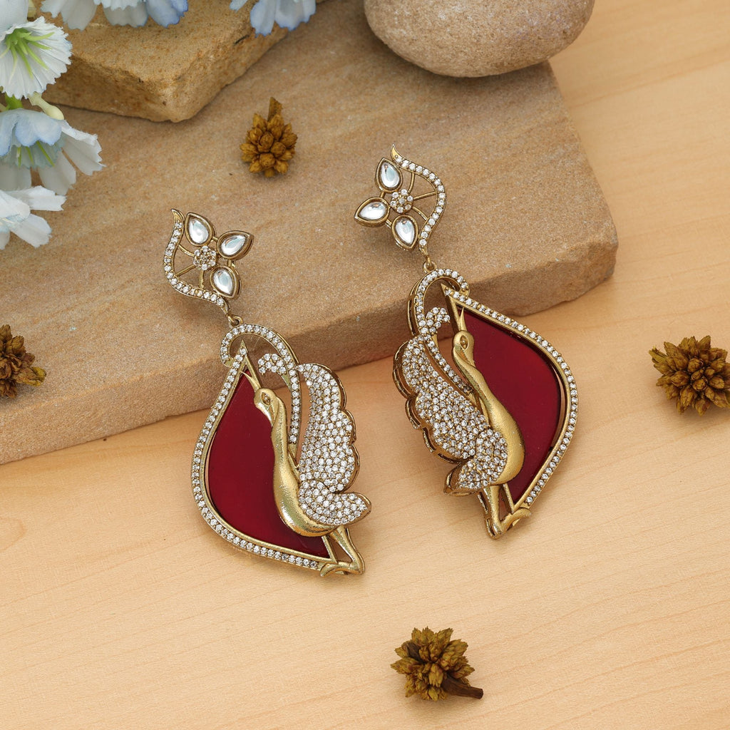 Red Color American Diamond Earrings Statement Wear