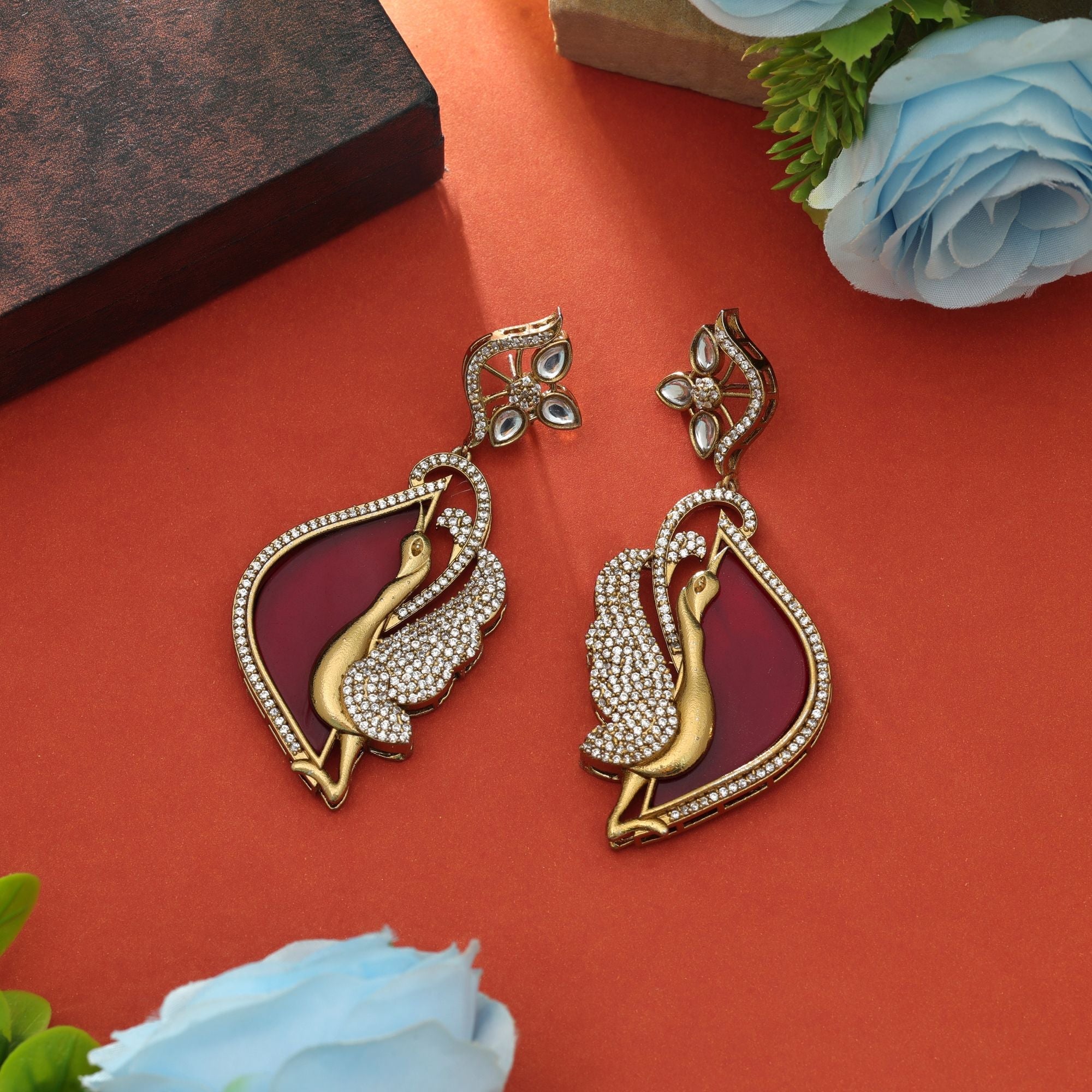 Red Color American Diamond Earrings Statement Wear