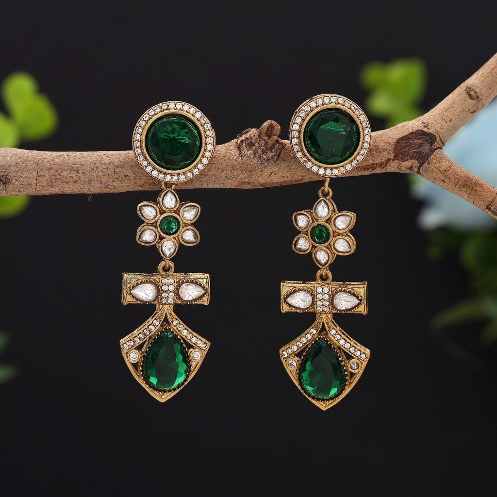Green Color American Diamond Earrings Stylish Party Wear