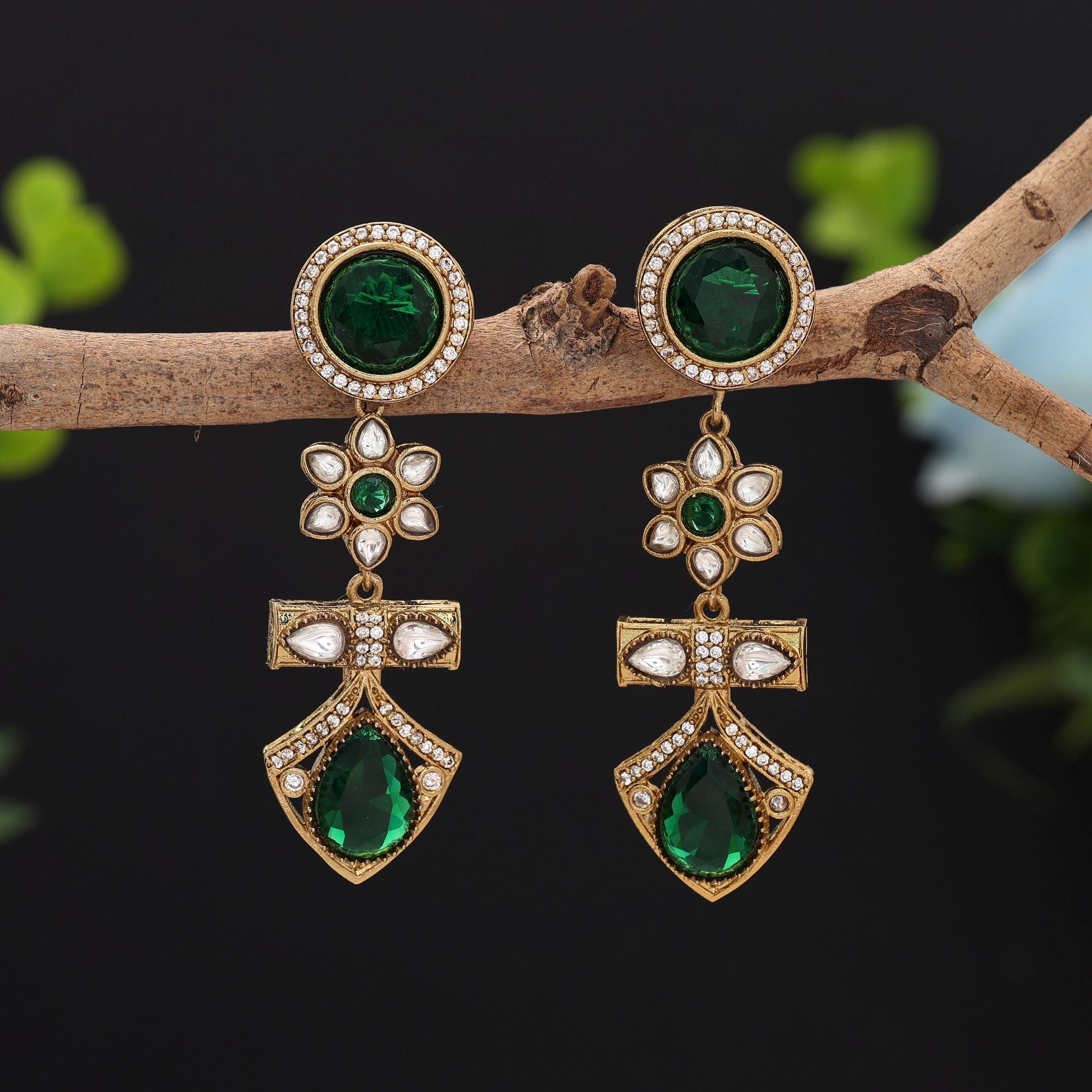 Green Color American Diamond Earrings Stylish Party Wear