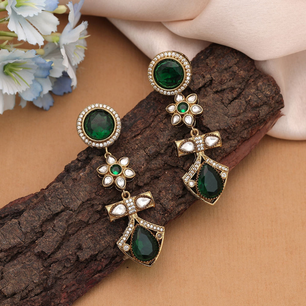 Green Color American Diamond Earrings Stylish Party Wear