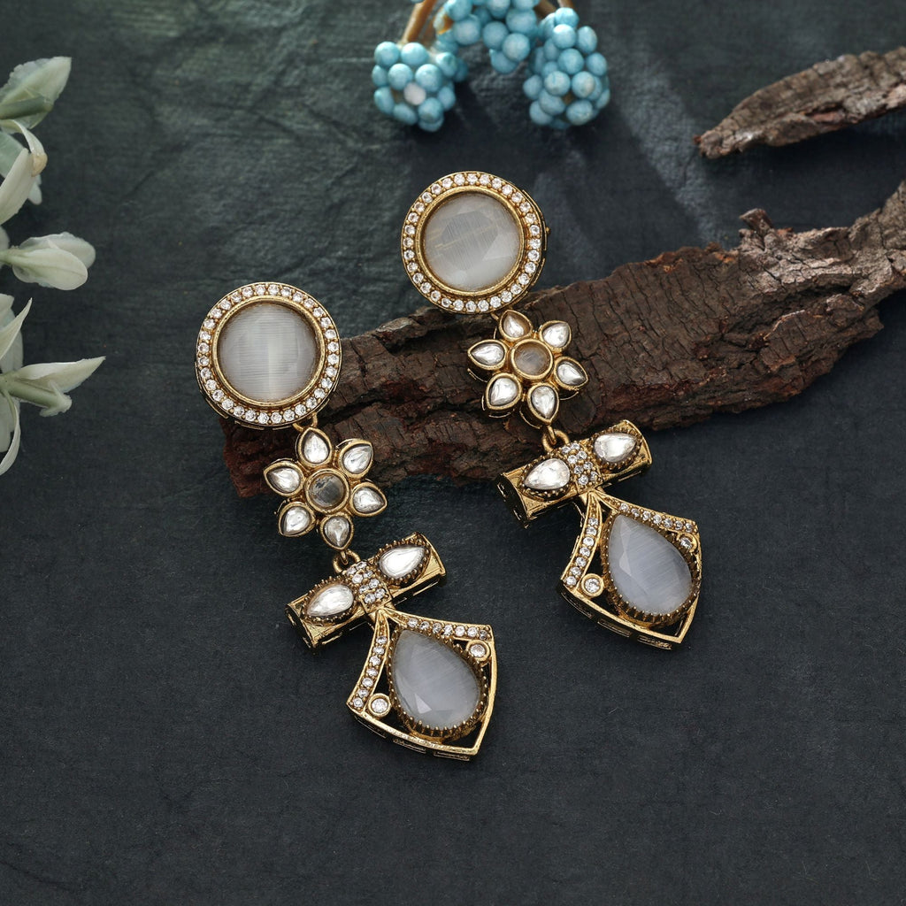 Off White Color American Diamond Earrings Classic Wear