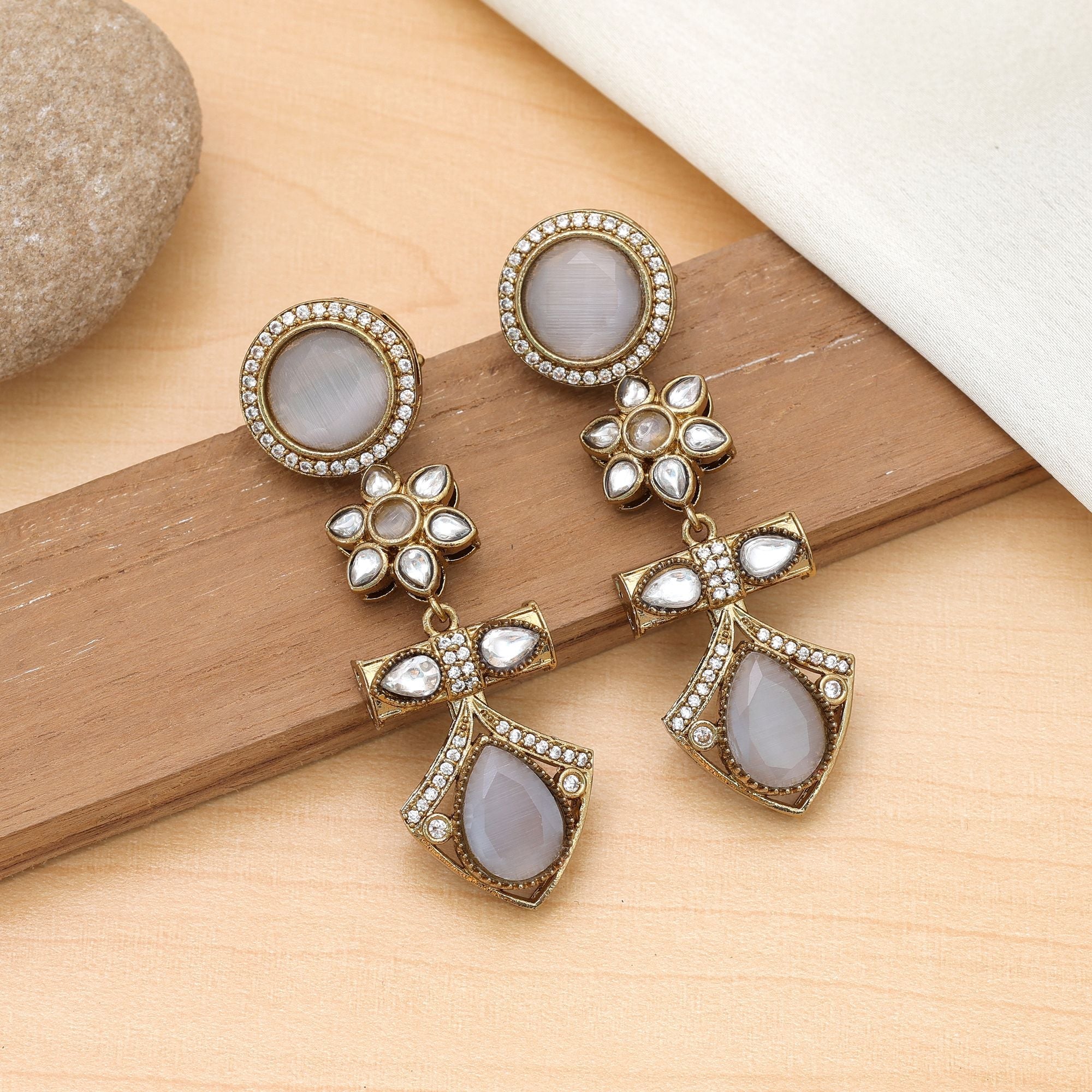 Off White Color American Diamond Earrings Classic Wear
