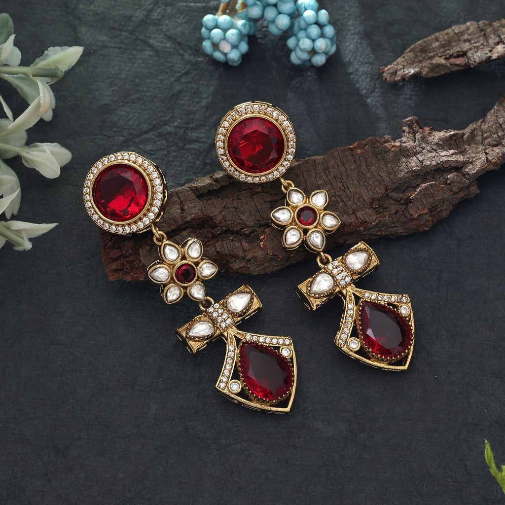 Red Color American Diamond Earrings Bridal Wear