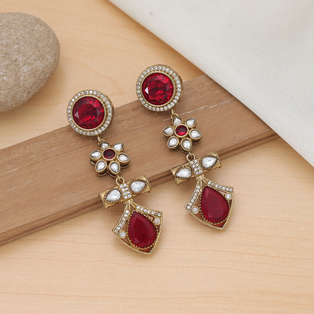 Red Color American Diamond Earrings Bridal Wear