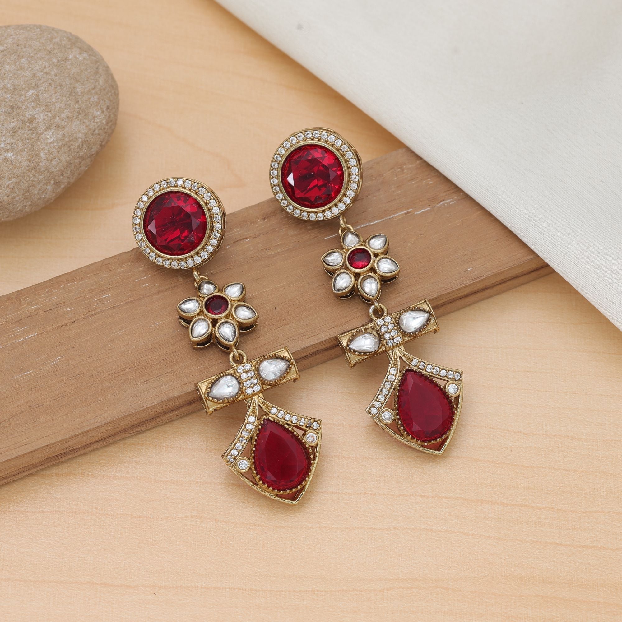 Red Color American Diamond Earrings Bridal Wear