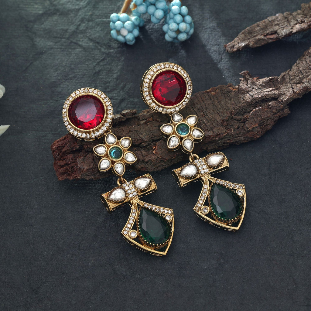 Red & Green Color American Diamond Earrings Festive Wear