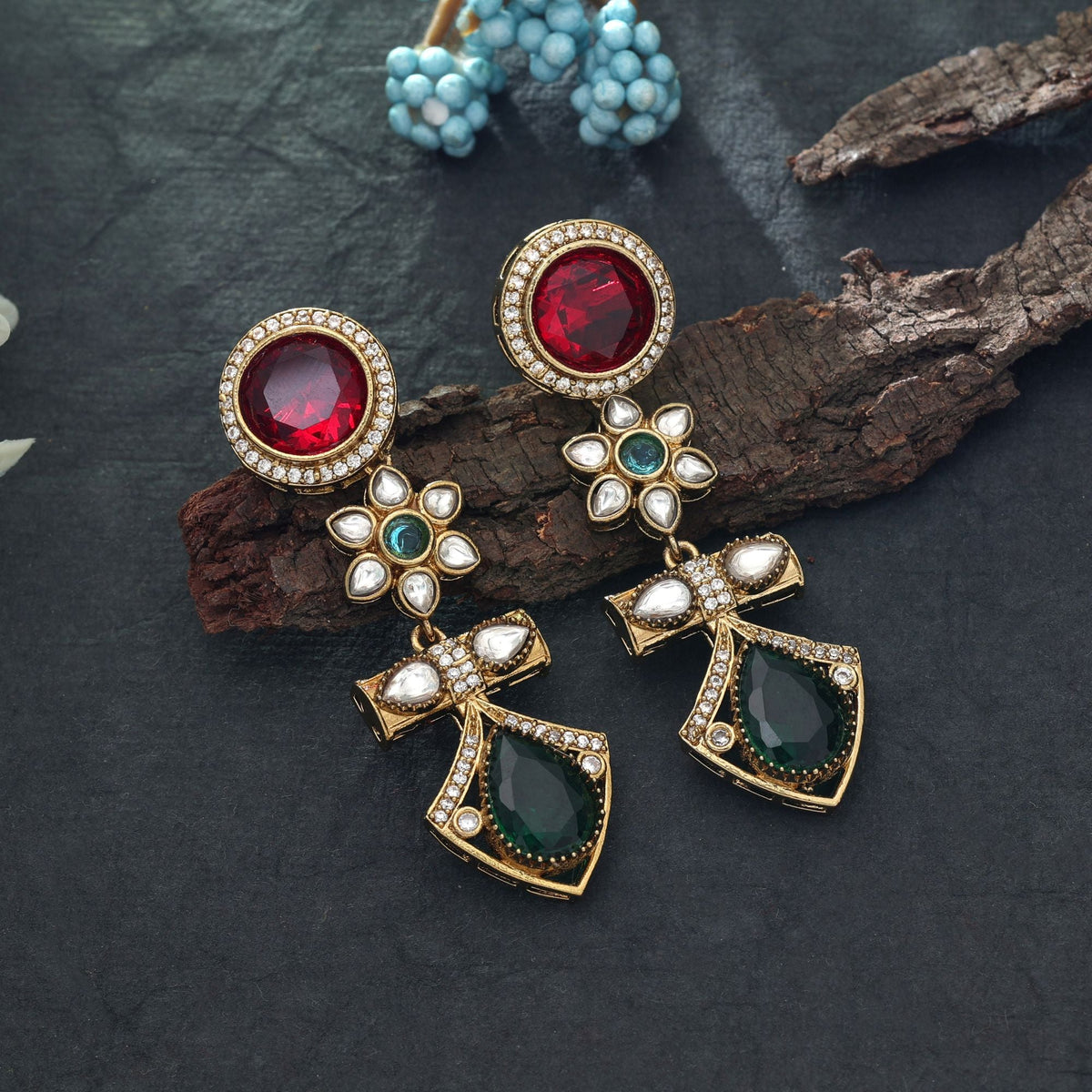 Red & Green Color American Diamond Earrings Festive Wear