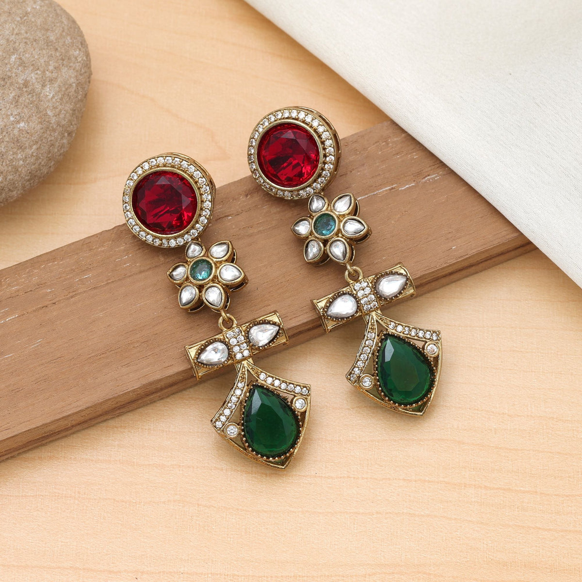 Red & Green Color American Diamond Earrings Festive Wear
