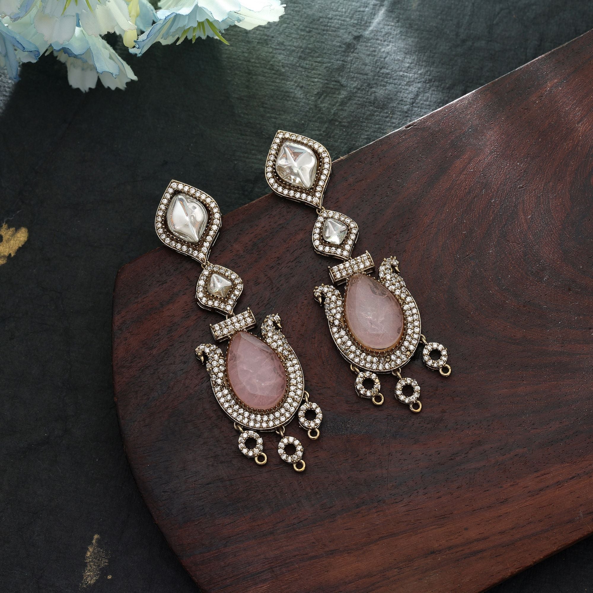 Pink Color American Diamond Earrings Party Wear