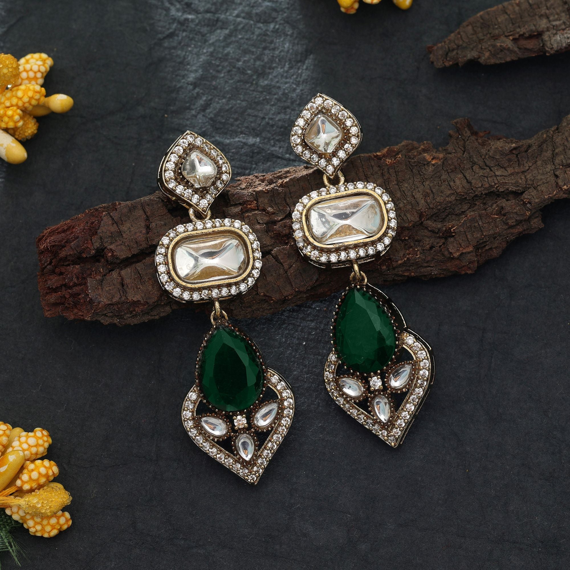 Green Color American Diamond Earrings Traditional Wear