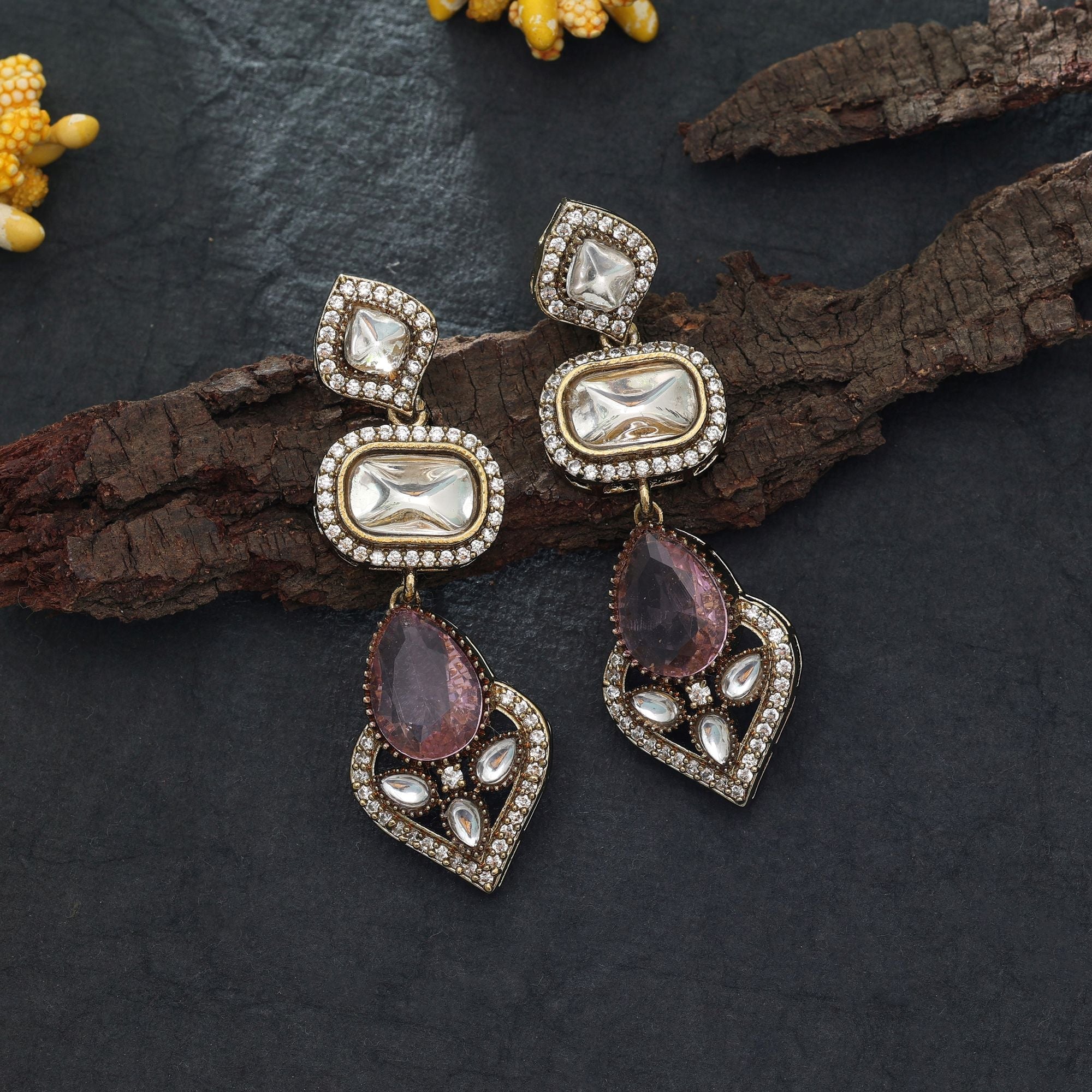 Pink Color American Diamond Earrings Daily Wear