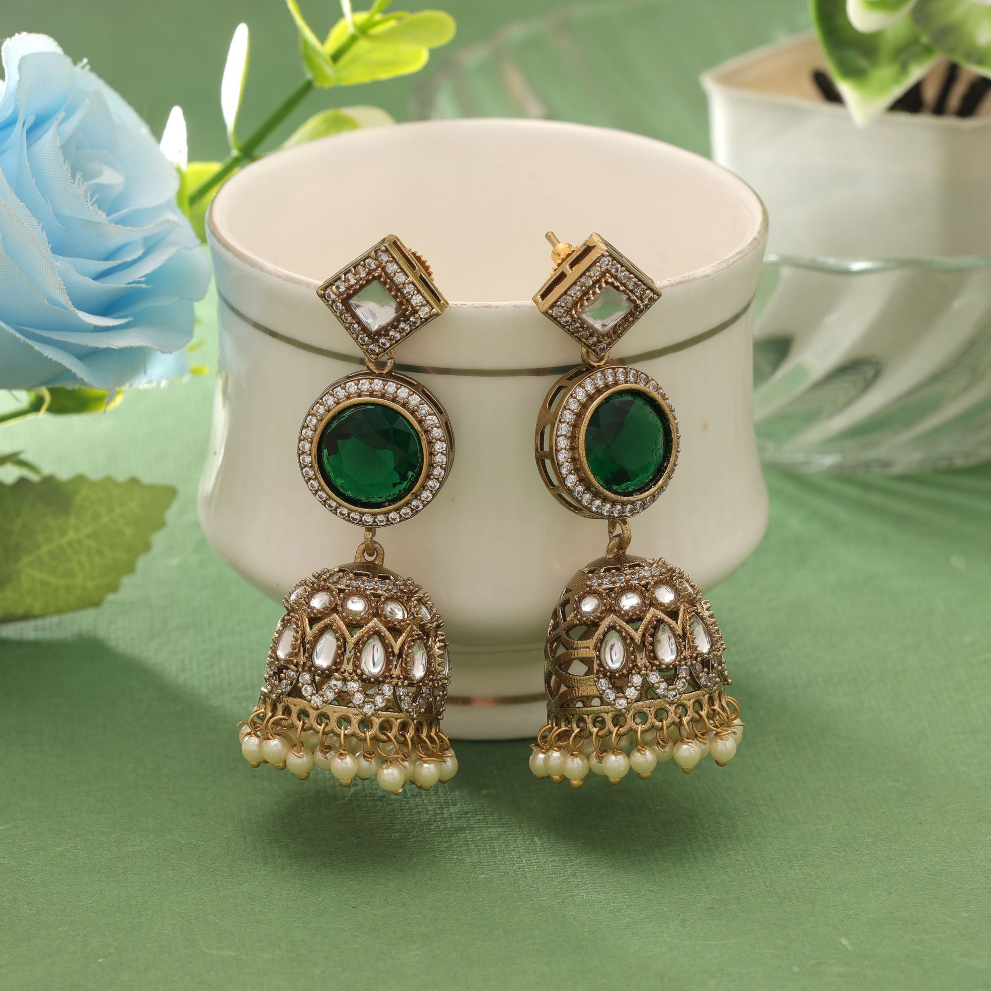 Green Color American Diamond Earrings Ethnic Wear