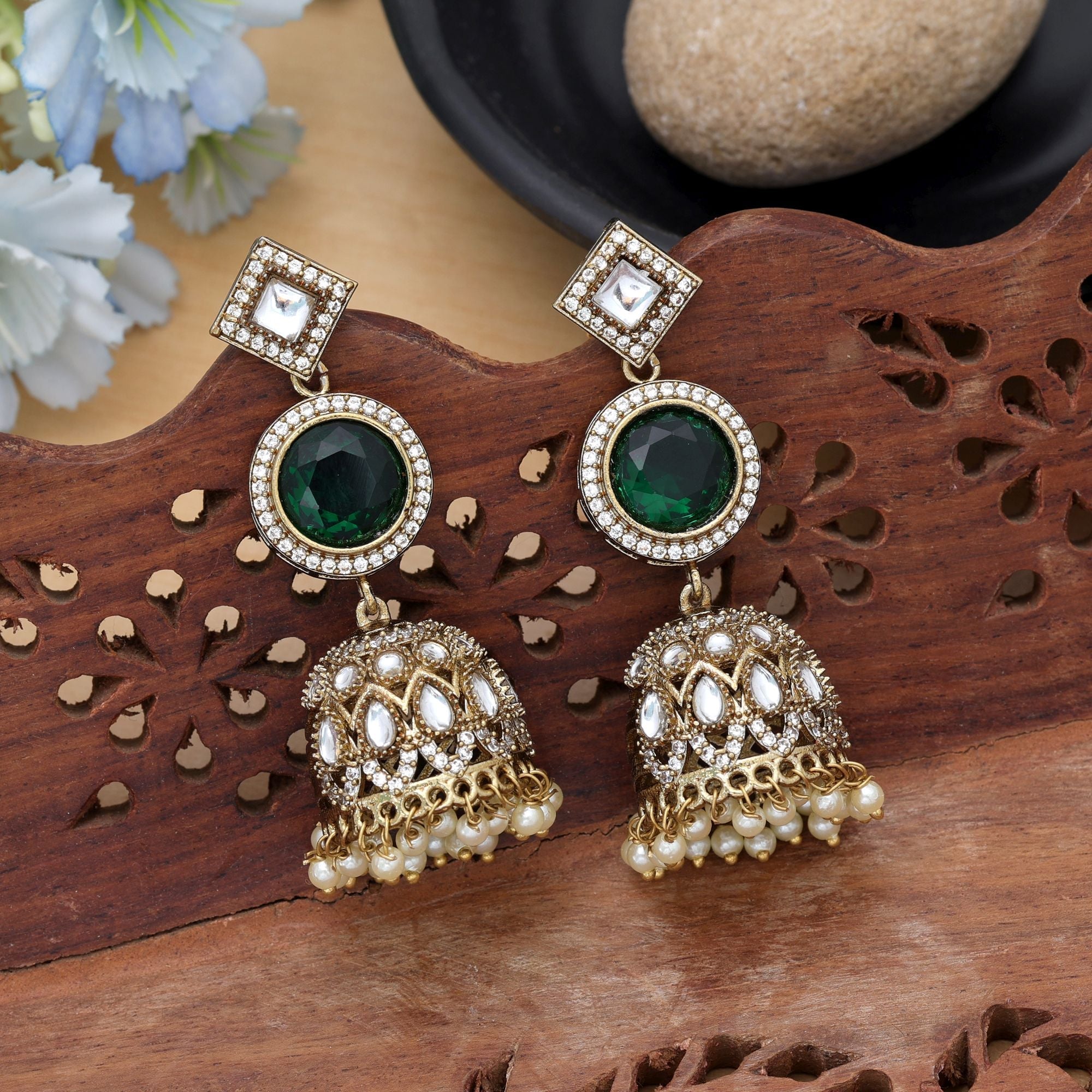 Green Color American Diamond Earrings Ethnic Wear
