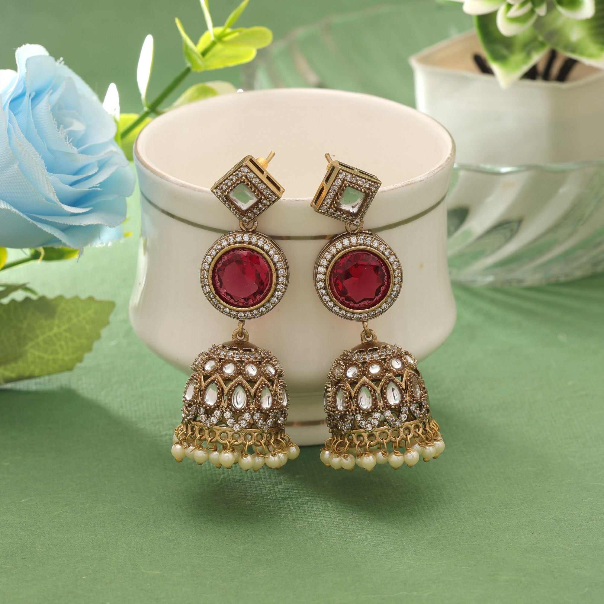 Red Color American Diamond Earrings Statement Wear