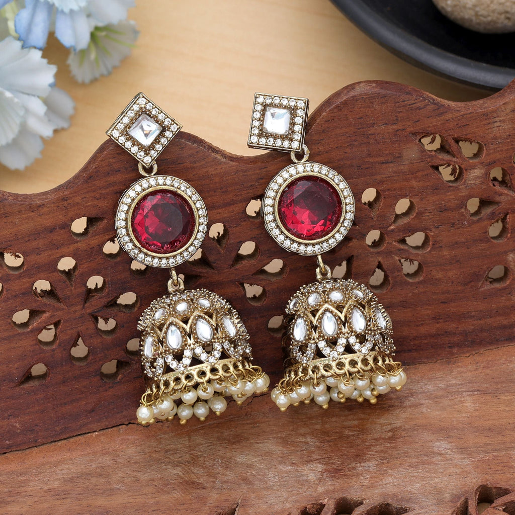 Red Color American Diamond Earrings Statement Wear