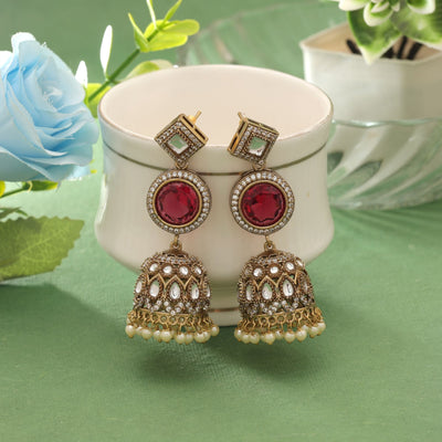Red Color American Diamond Earrings Statement Wear