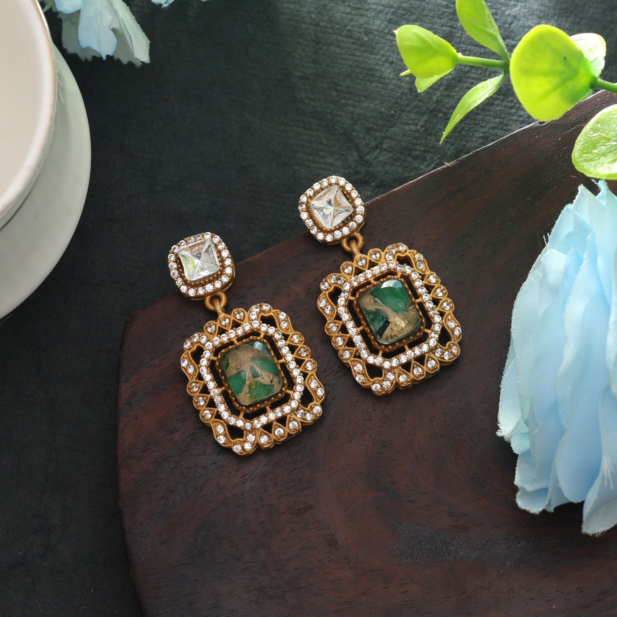 Green Color American Diamond Earrings Party Wear