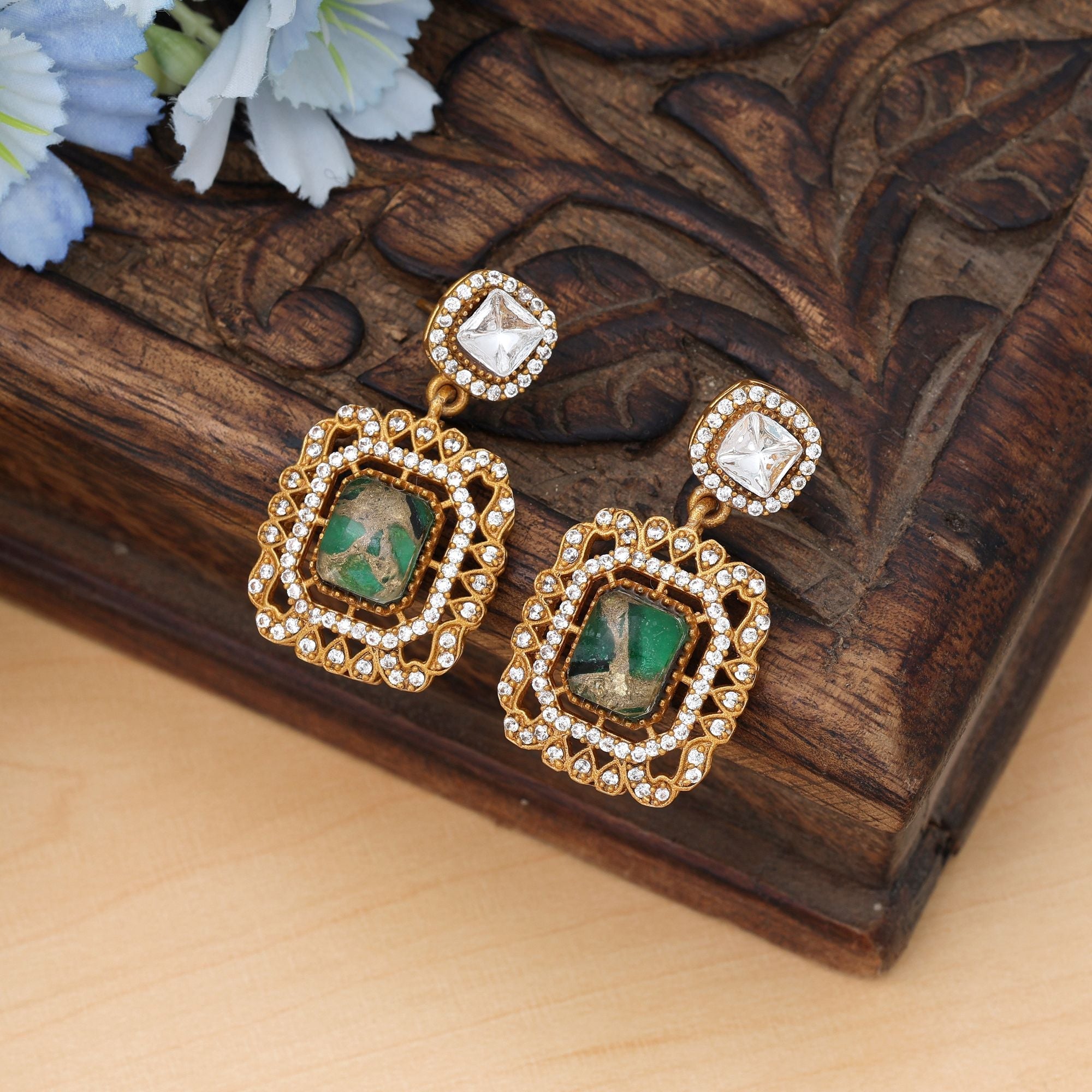 Green Color American Diamond Earrings Party Wear