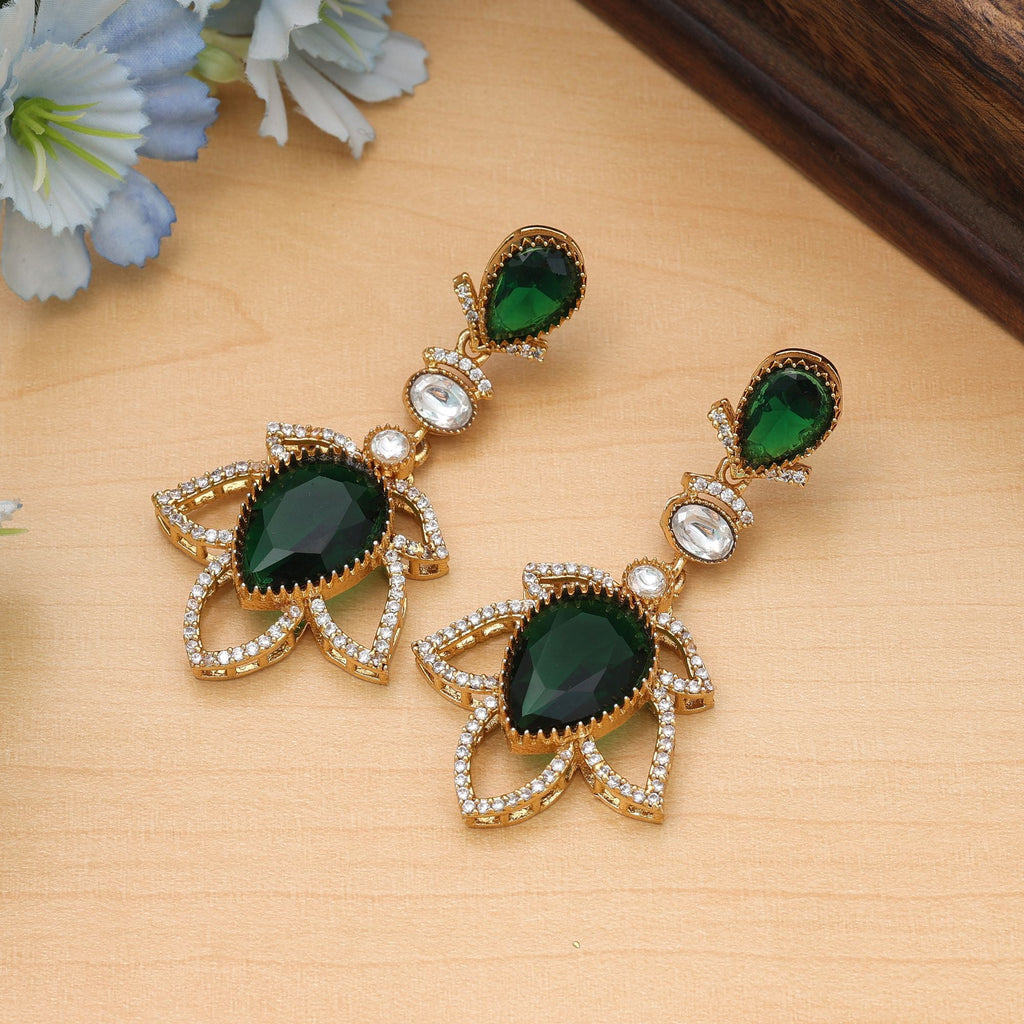 Green Color American Diamond Earrings Festive Wear