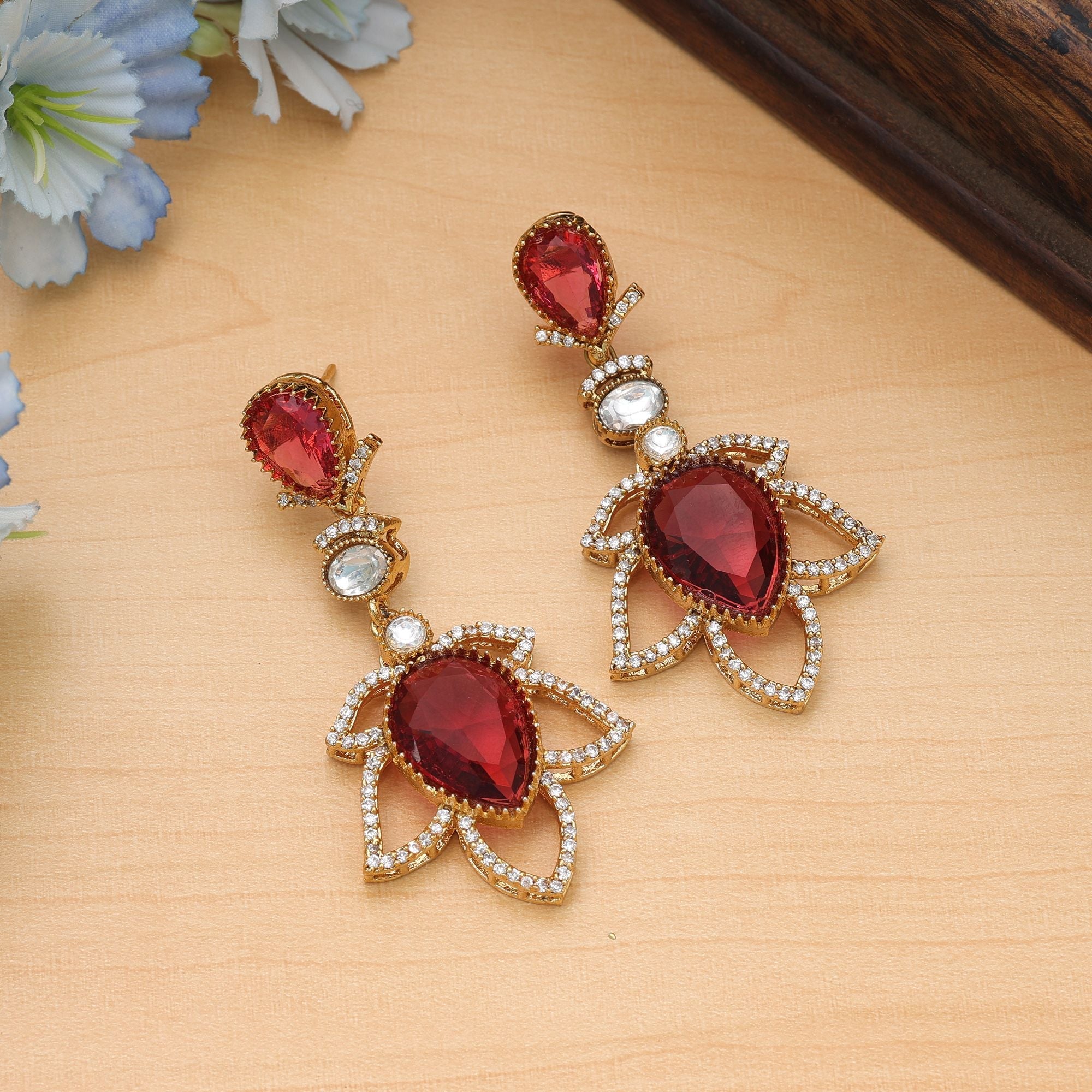 Red Color American Diamond Earrings Traditional Wear